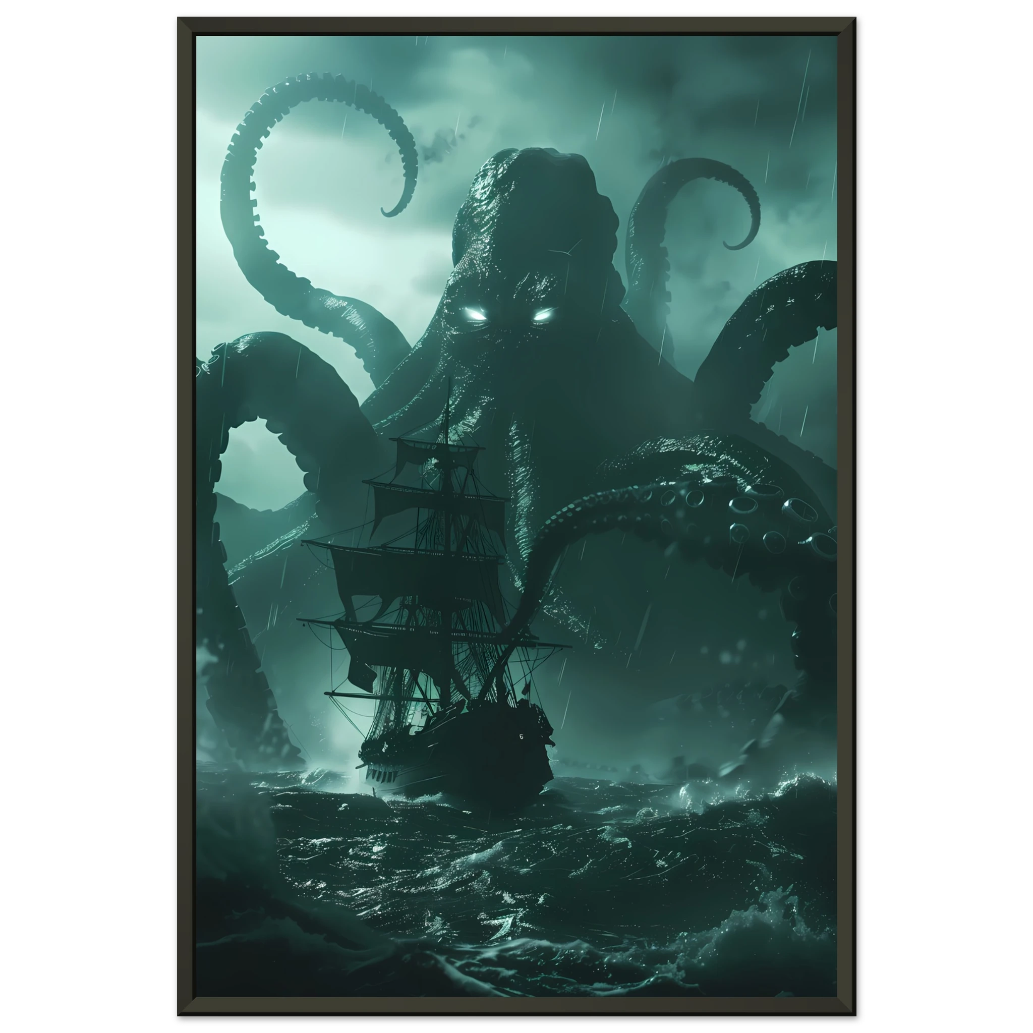 Kraken rising from stormy ocean gripping ship — cinematic mythological wall art print.
