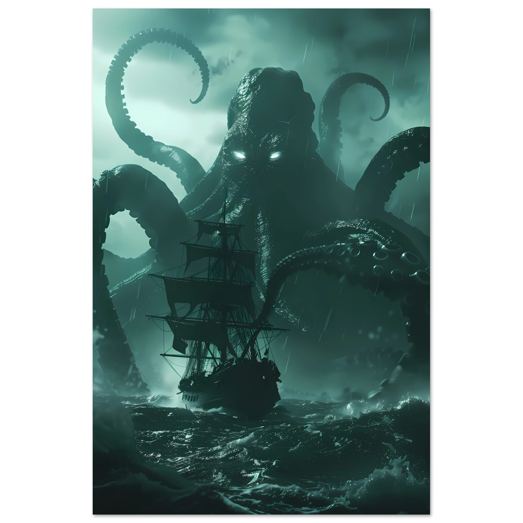 Kraken rising from stormy ocean gripping ship — cinematic mythological wall art print.