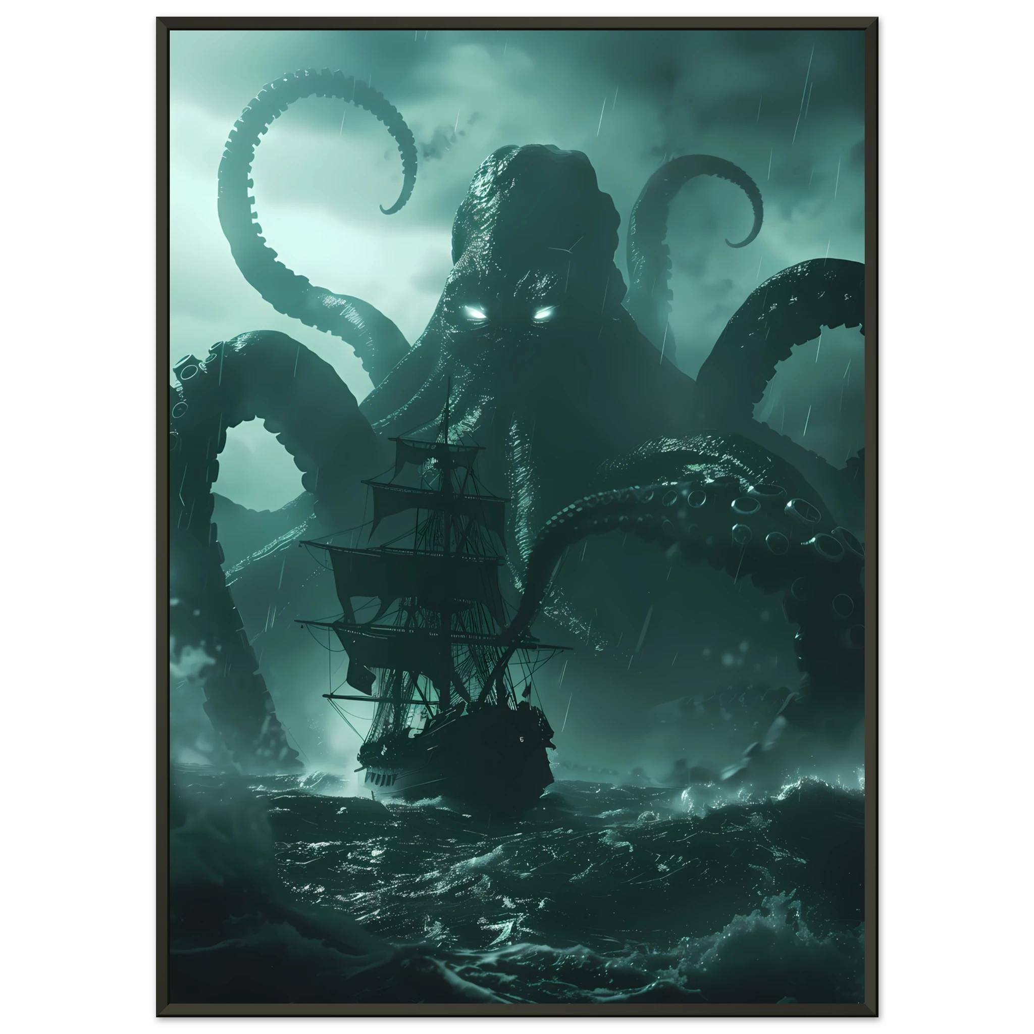 Kraken rising from stormy ocean gripping ship — cinematic mythological wall art print.
