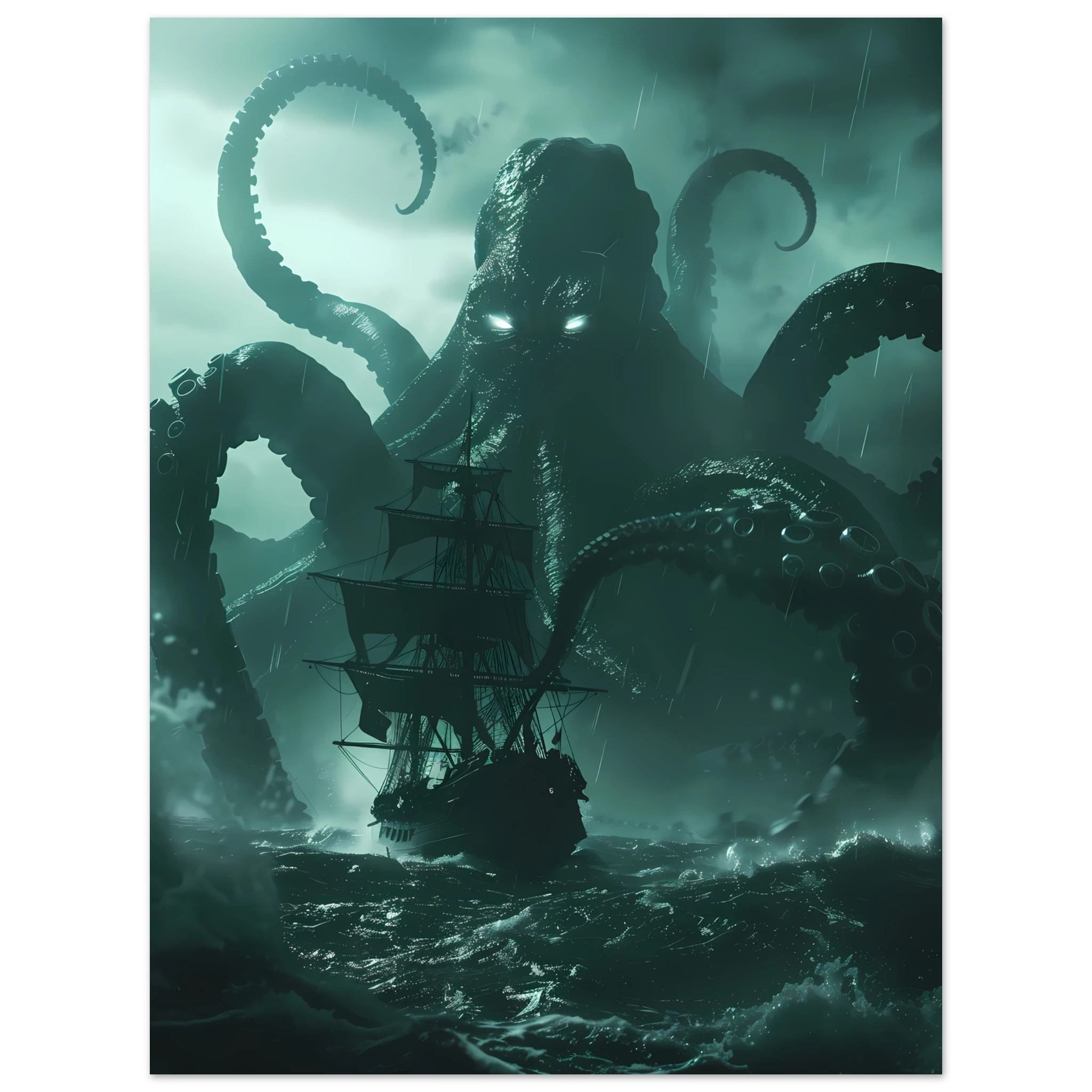 Kraken rising from stormy ocean gripping ship — cinematic mythological wall art print.