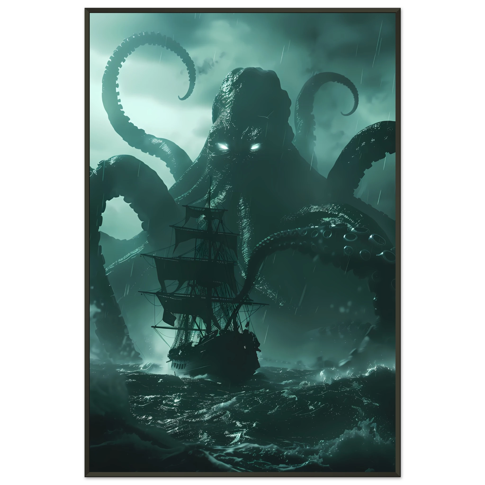 Kraken rising from stormy ocean gripping ship — cinematic mythological wall art print.