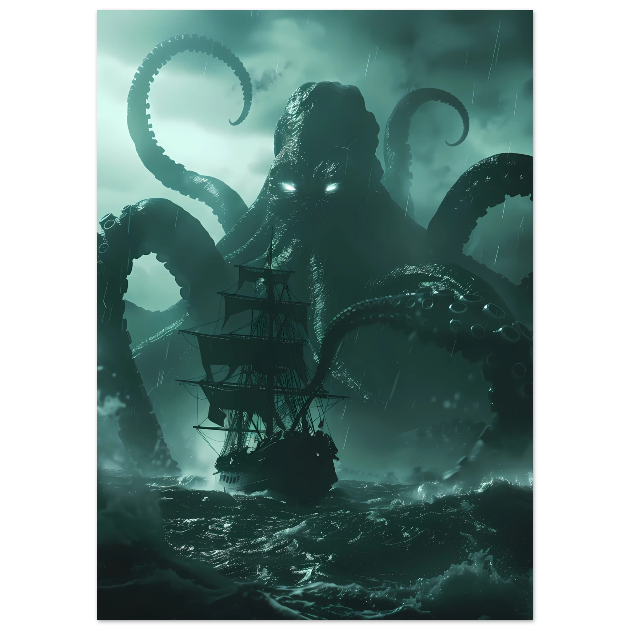 Kraken rising from stormy ocean gripping ship — cinematic mythological wall art print.