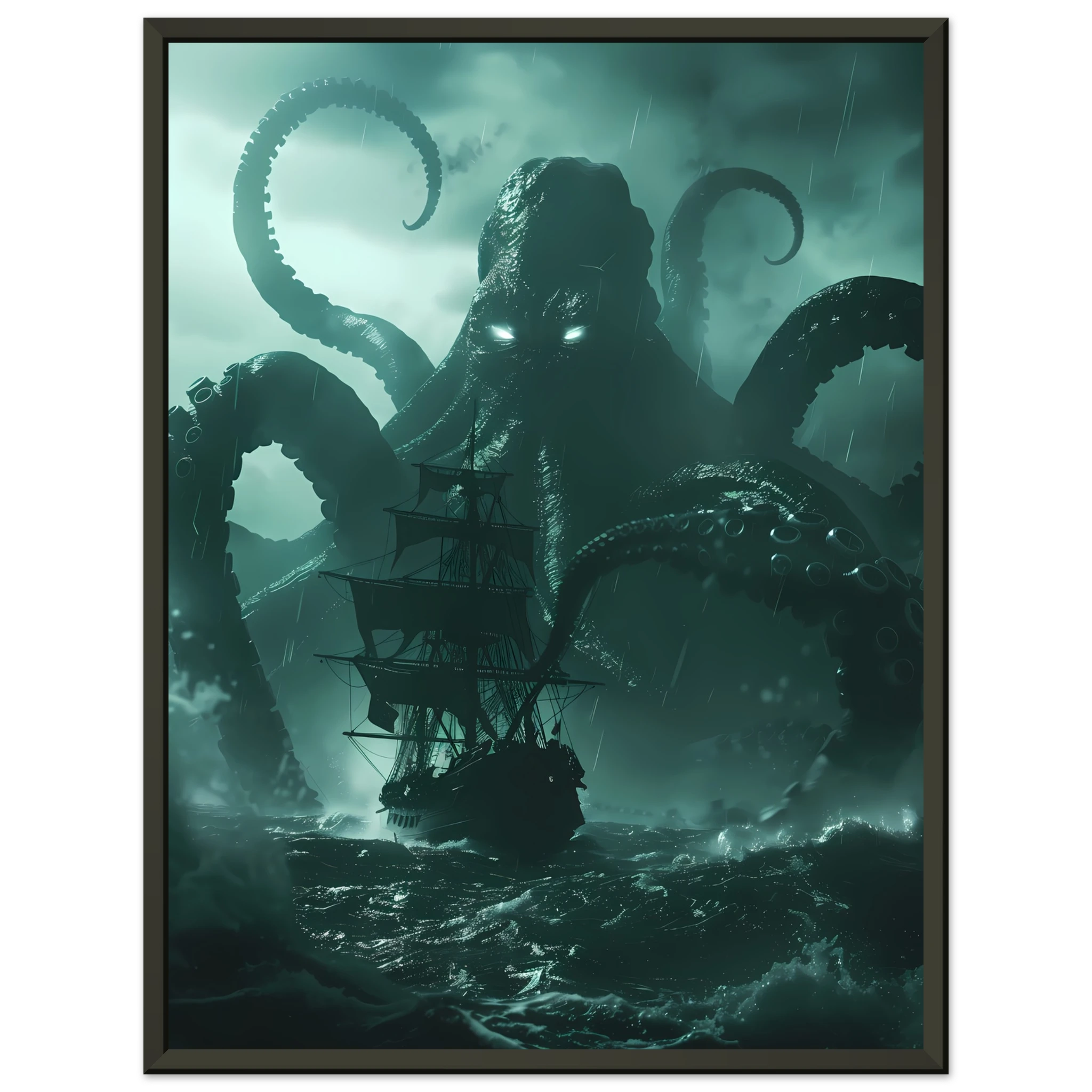 Kraken rising from stormy ocean gripping ship — cinematic mythological wall art print.