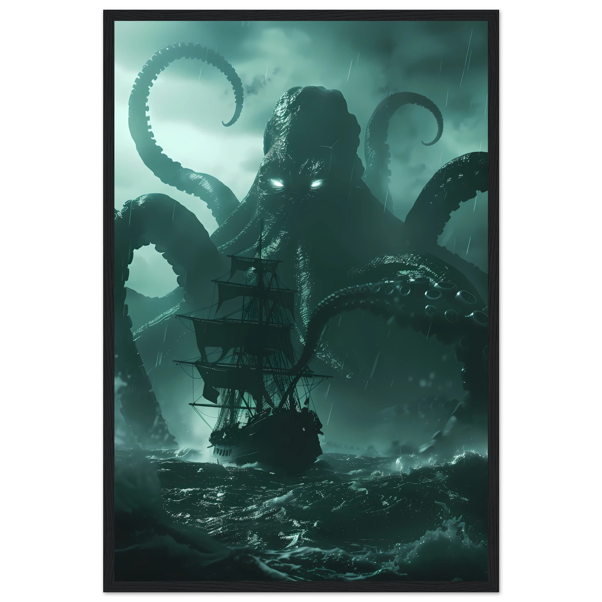 Kraken rising from stormy ocean gripping ship — cinematic mythological wall art print.