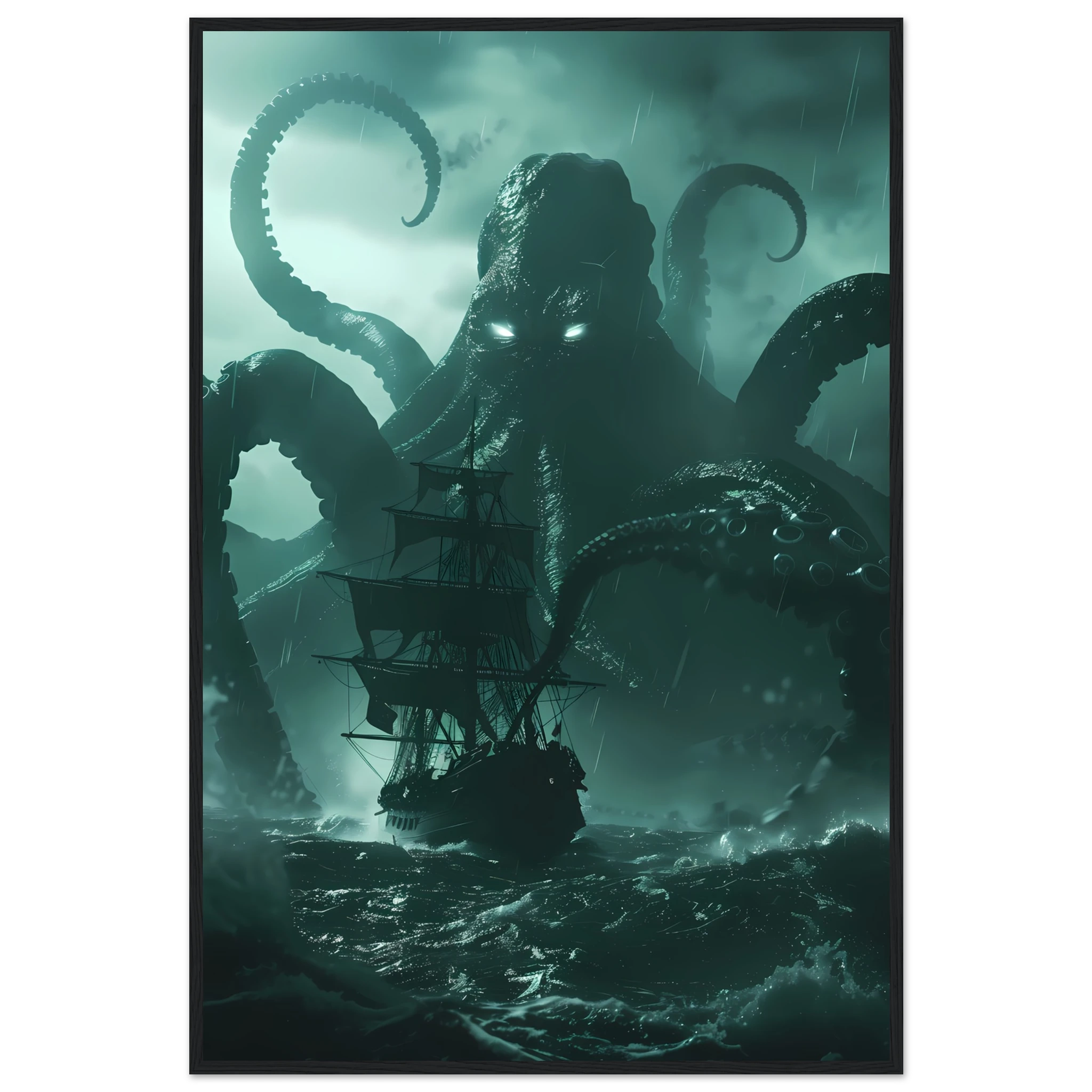 Kraken rising from stormy ocean gripping ship — cinematic mythological wall art print.