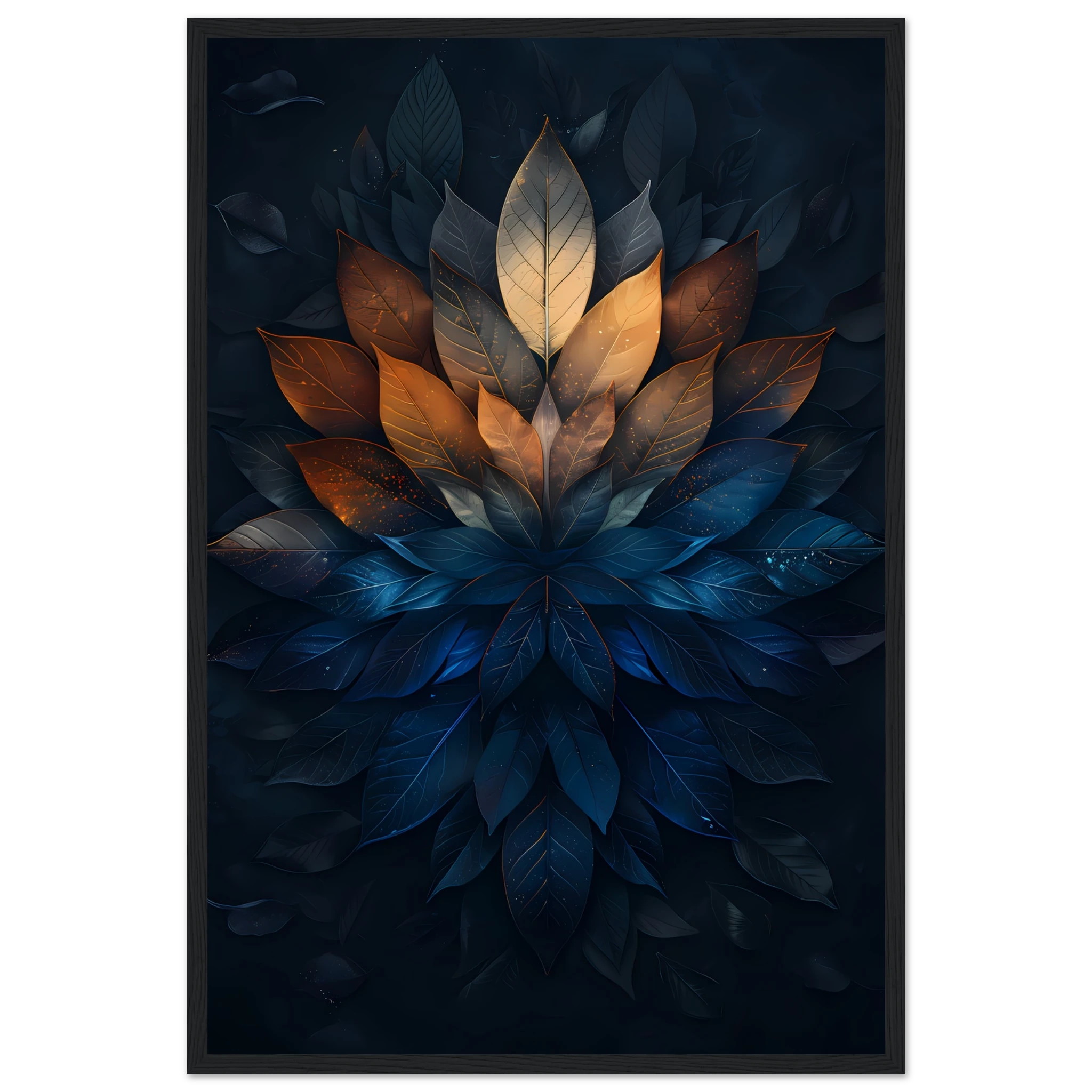 Mandala pattern made of overlapping leaves — glowing sacred botanical wall art.