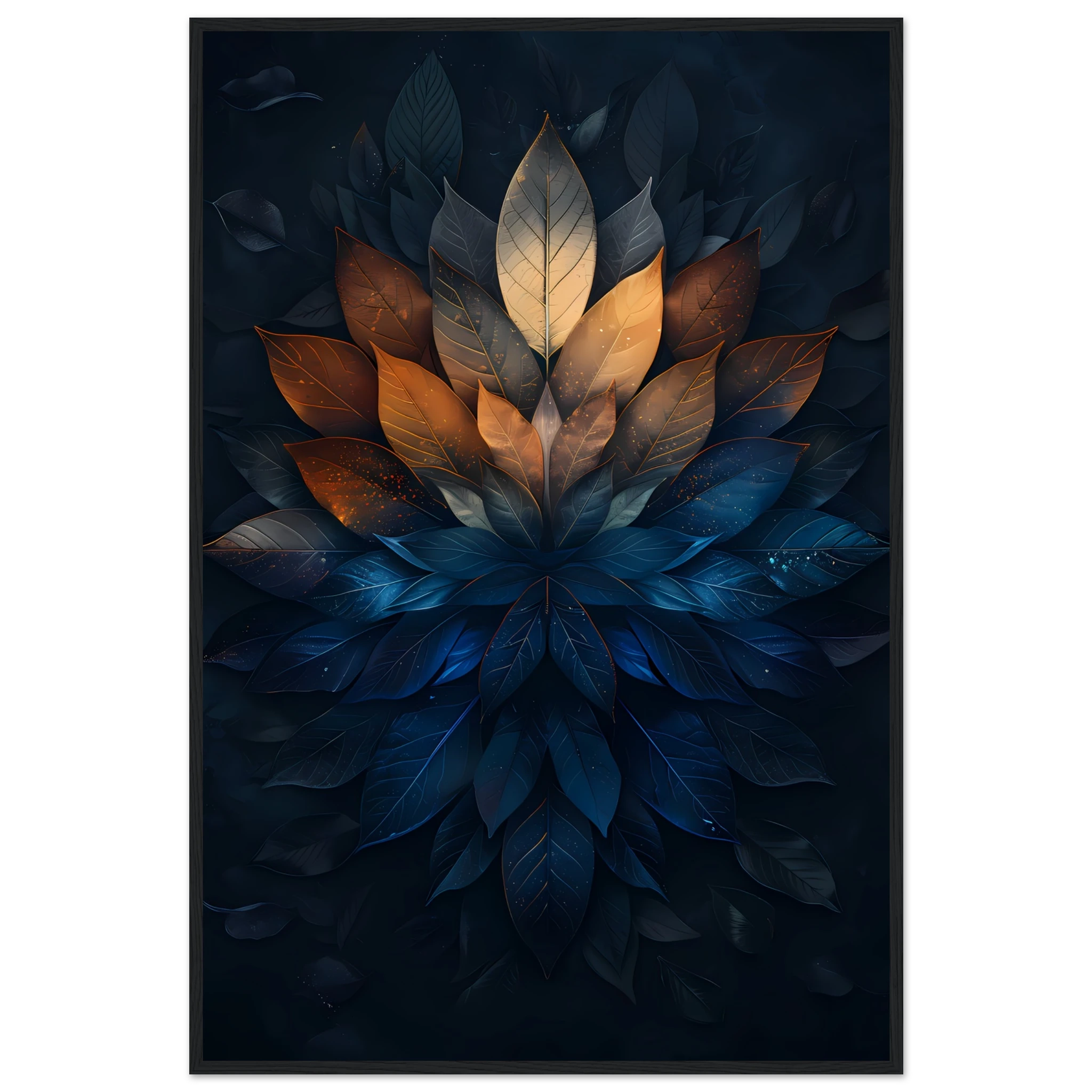 Mandala pattern made of overlapping leaves — glowing sacred botanical wall art.