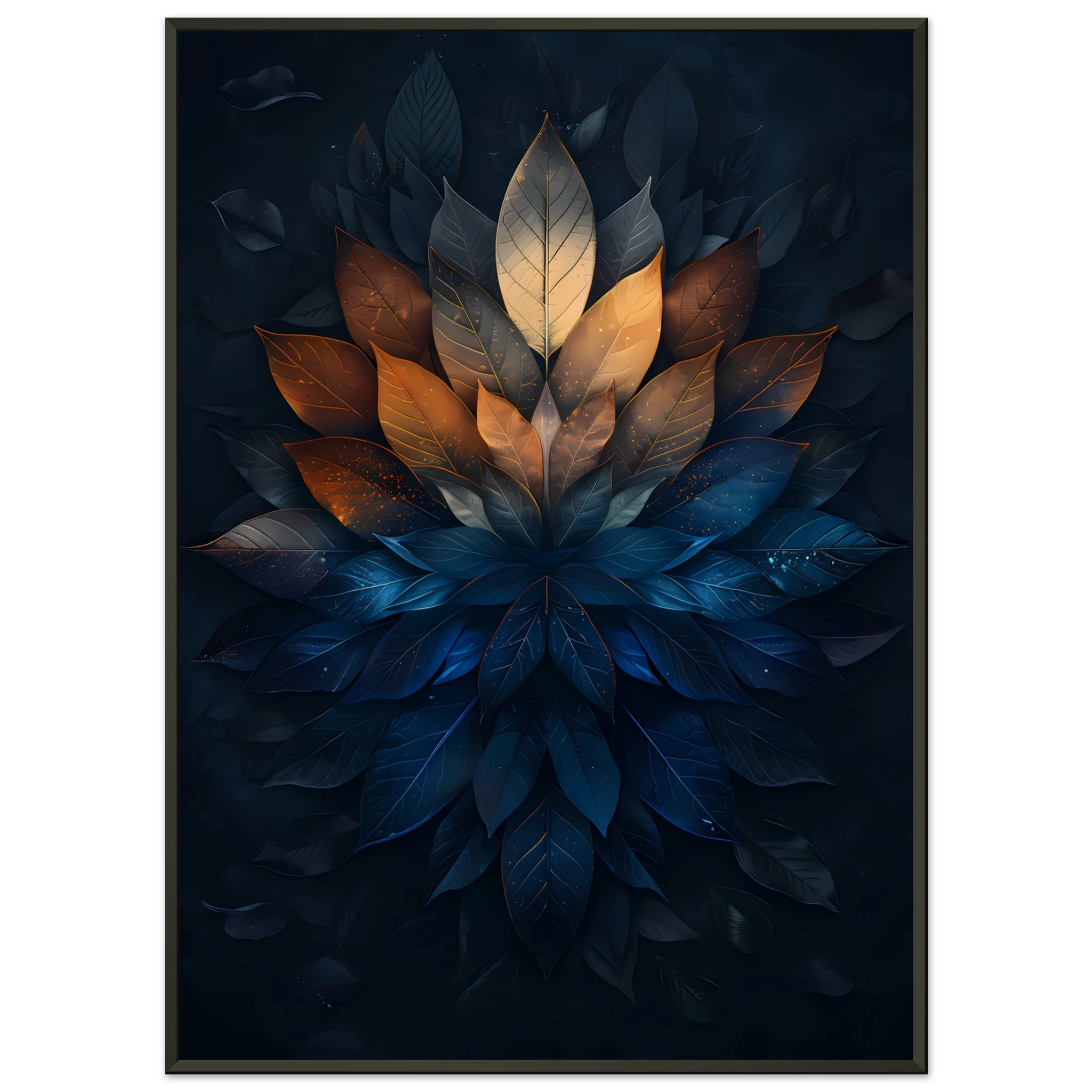 Mandala pattern made of overlapping leaves — glowing sacred botanical wall art.