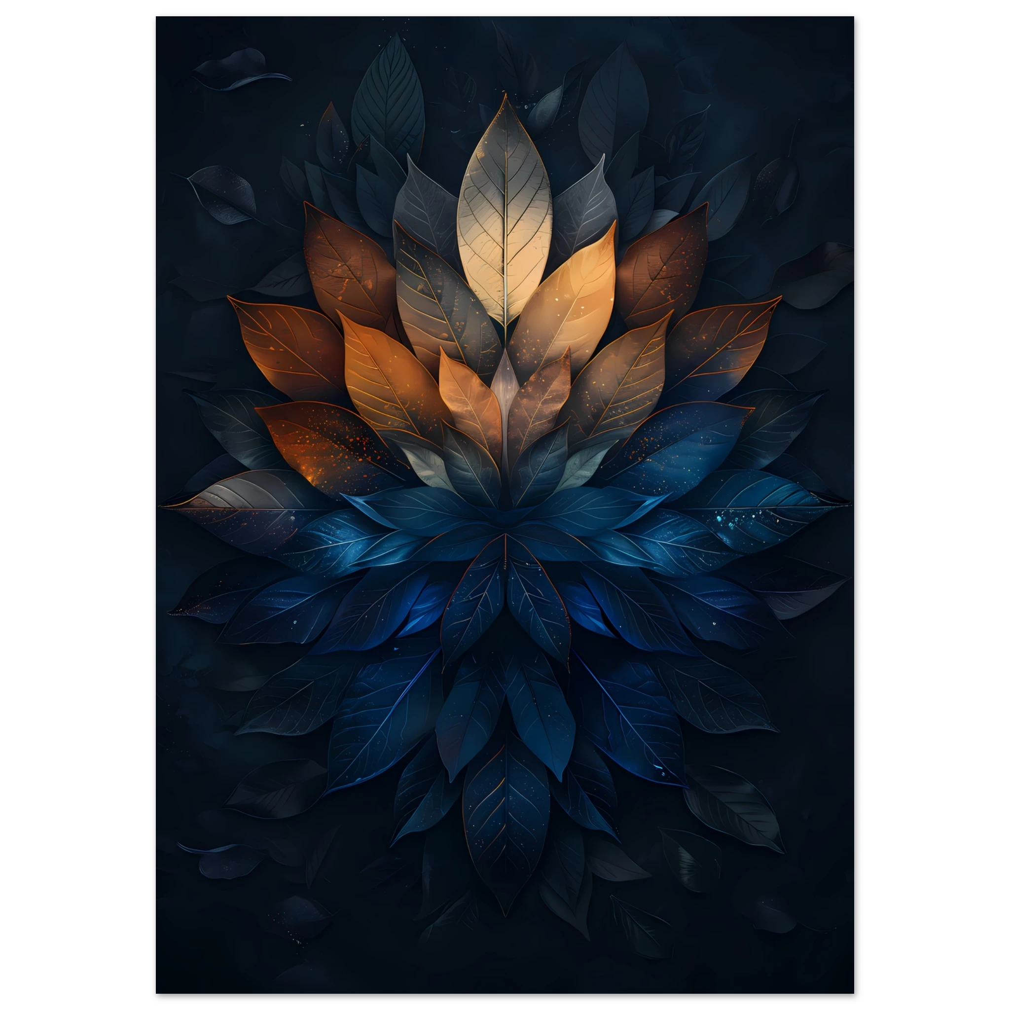 Mandala pattern made of overlapping leaves — glowing sacred botanical wall art.