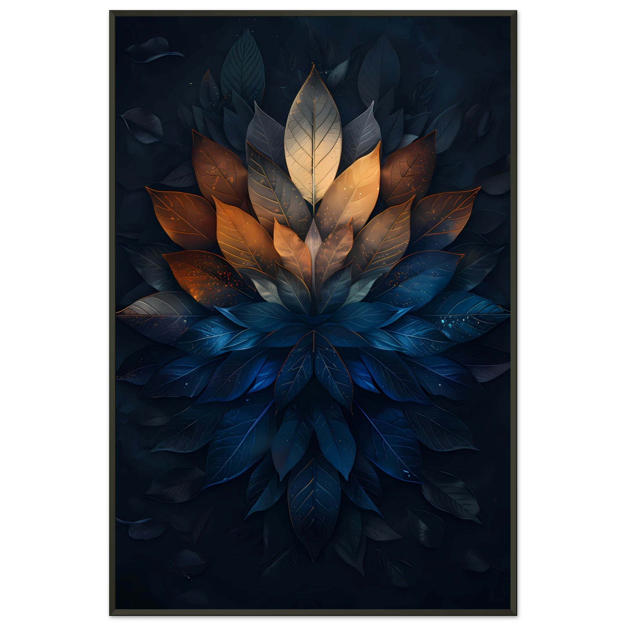 Mandala pattern made of overlapping leaves — glowing sacred botanical wall art.