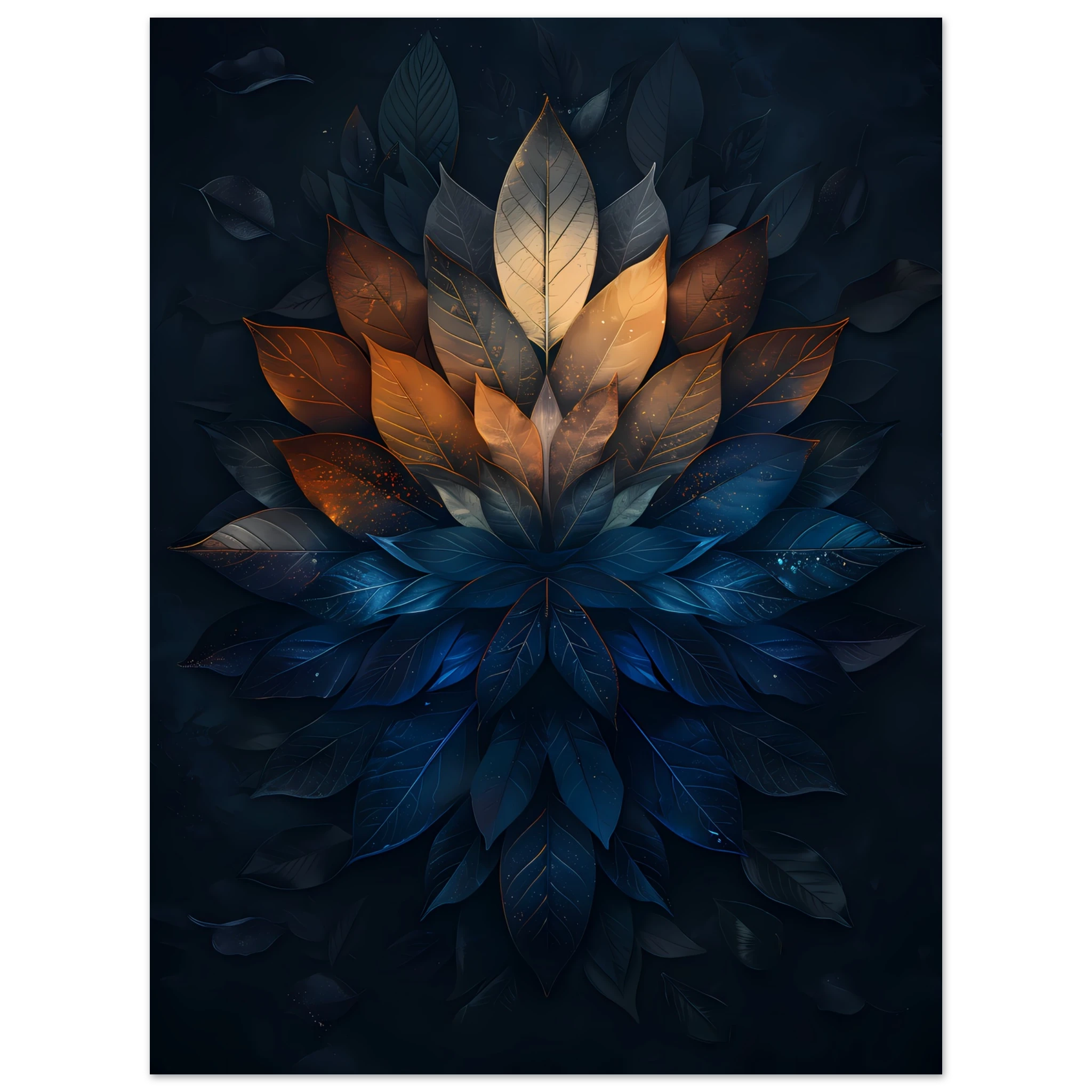 Mandala pattern made of overlapping leaves — glowing sacred botanical wall art.