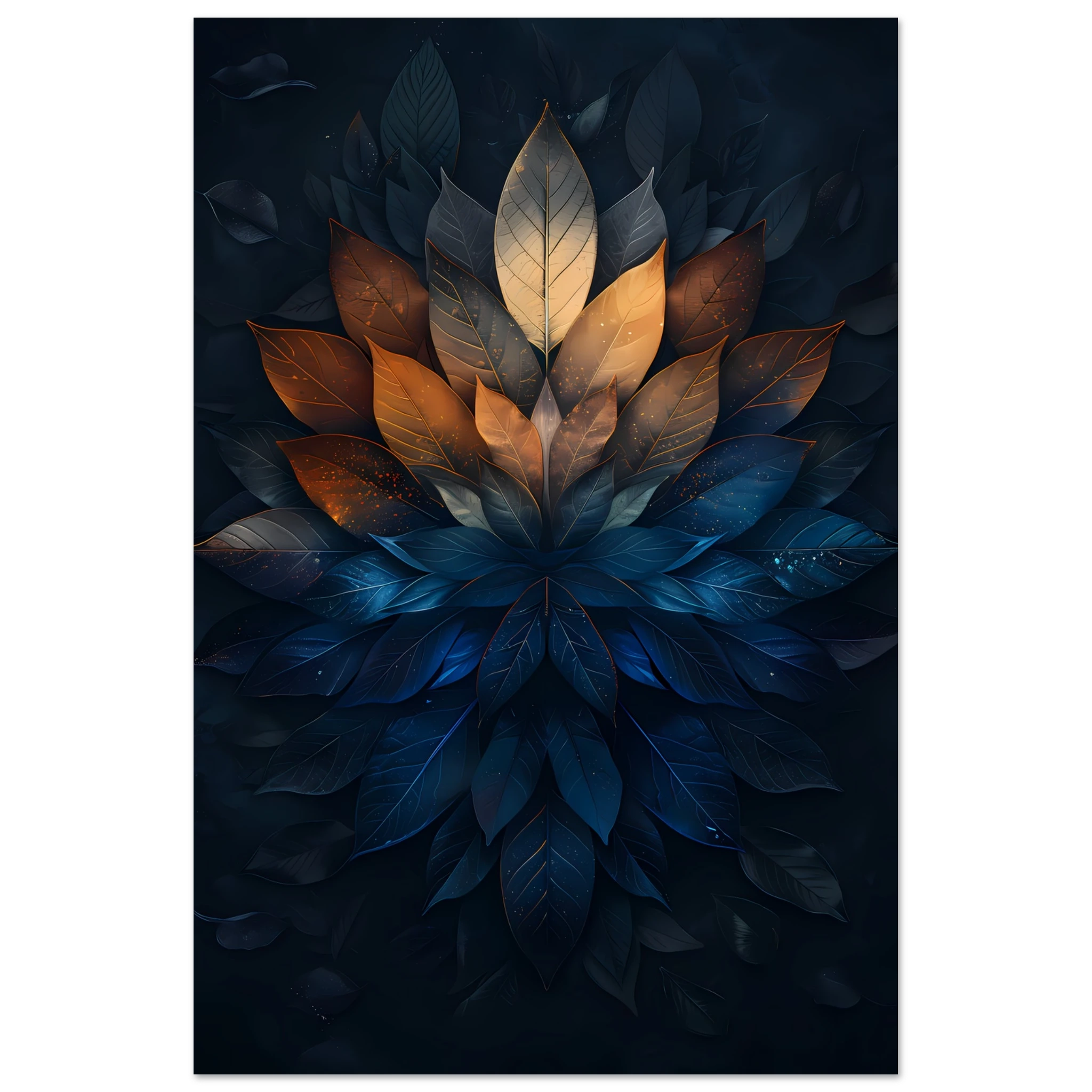 Mandala pattern made of overlapping leaves — glowing sacred botanical wall art.