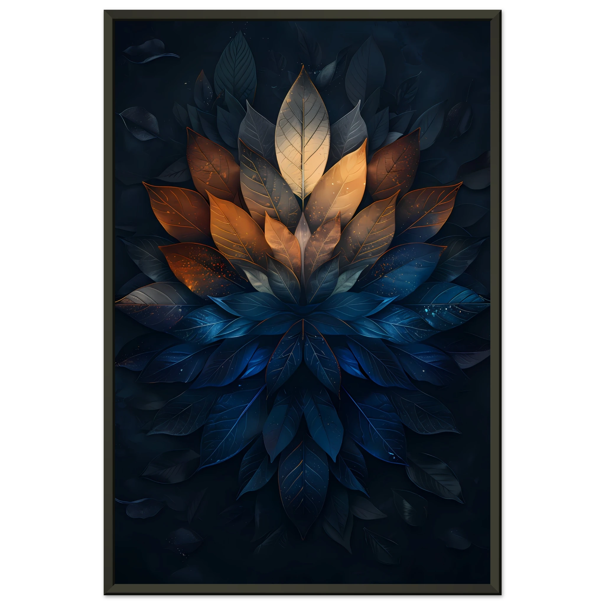 Mandala pattern made of overlapping leaves — glowing sacred botanical wall art.