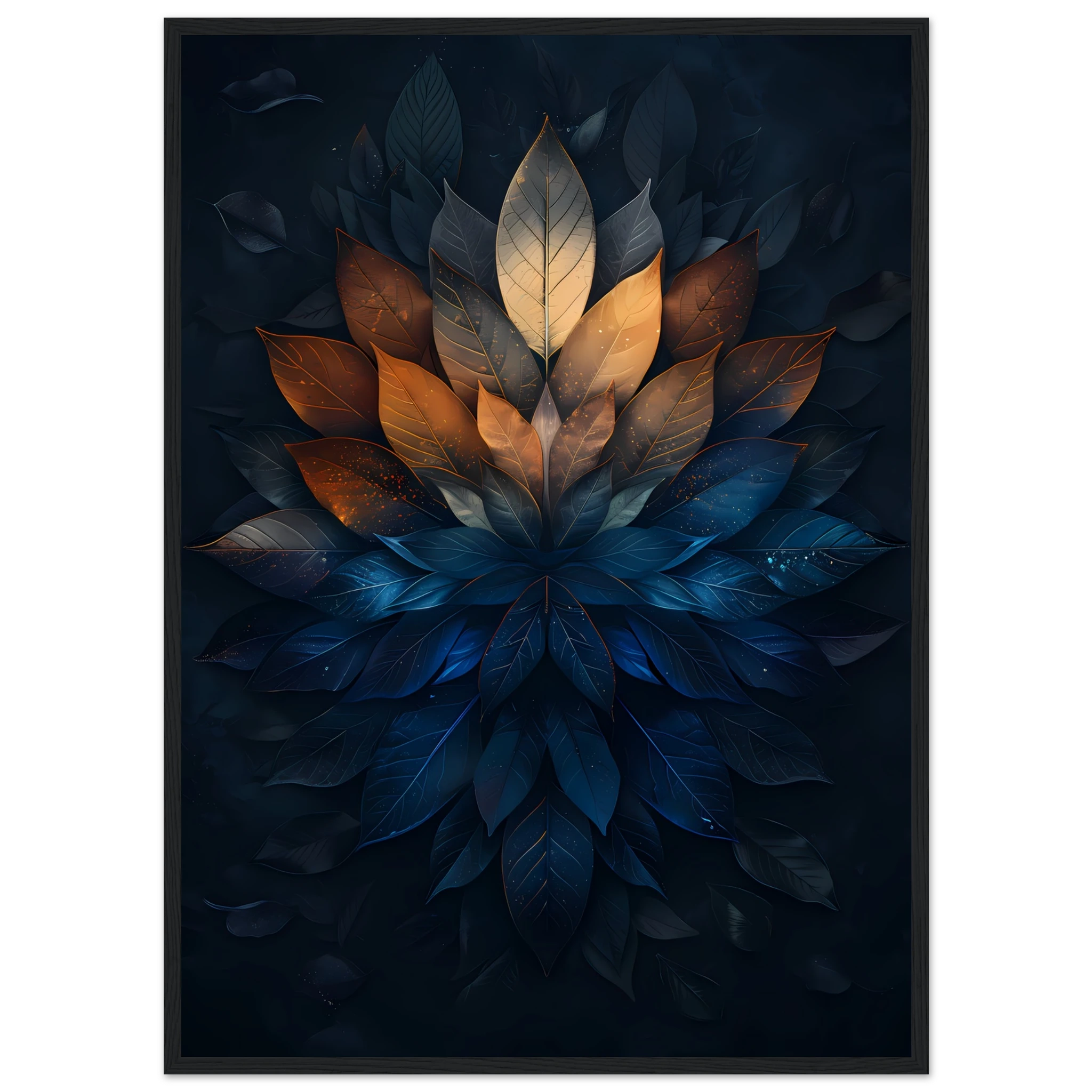 Mandala pattern made of overlapping leaves — glowing sacred botanical wall art.