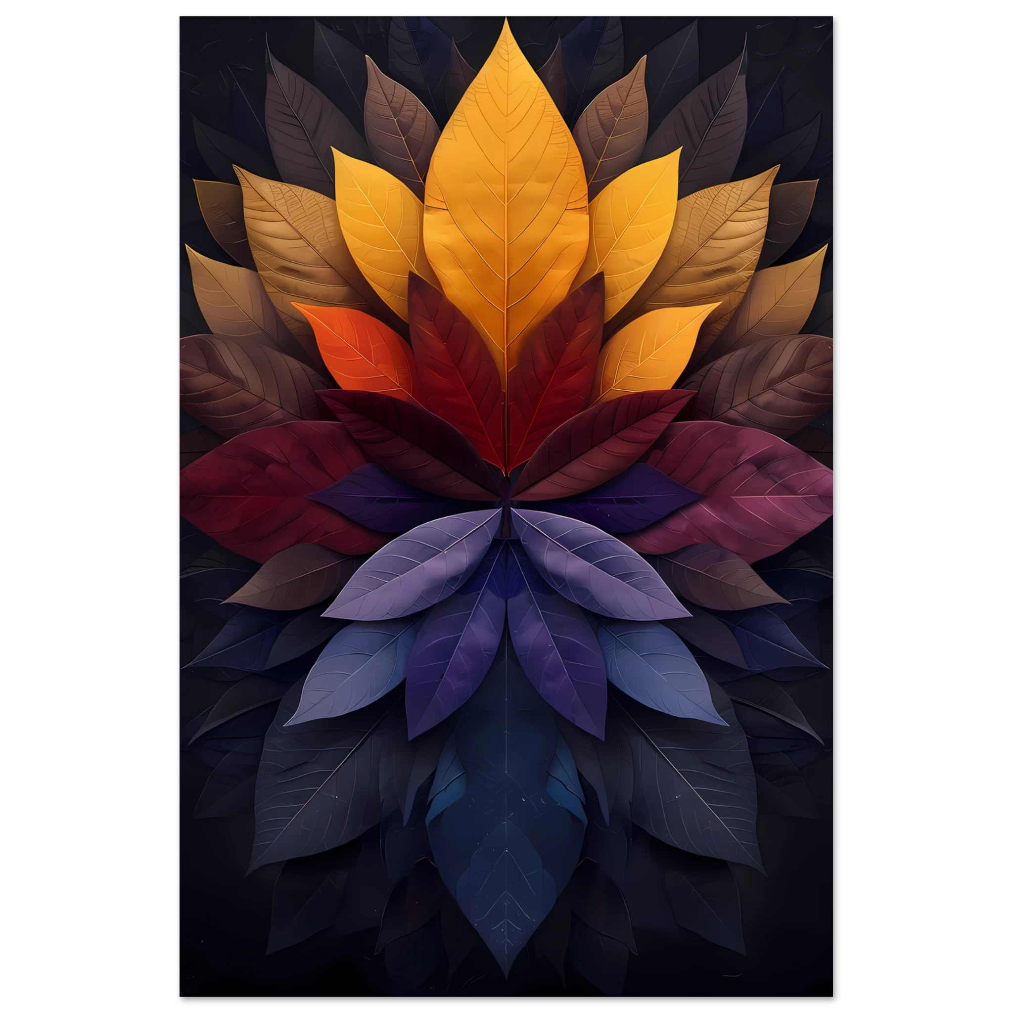 Mandala pattern made of overlapping leaves — glowing sacred botanical wall art.