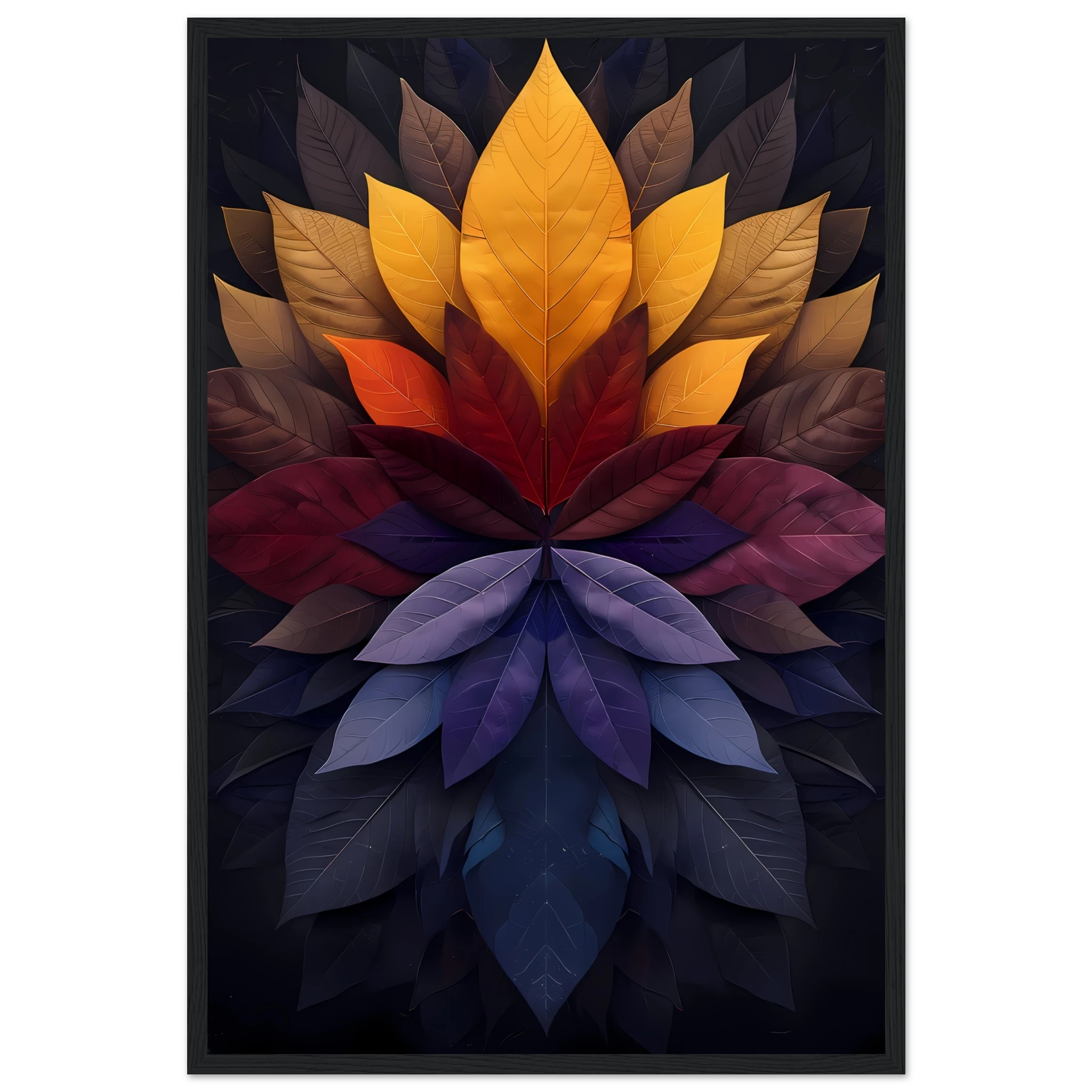 Mandala pattern made of overlapping leaves — glowing sacred botanical wall art.