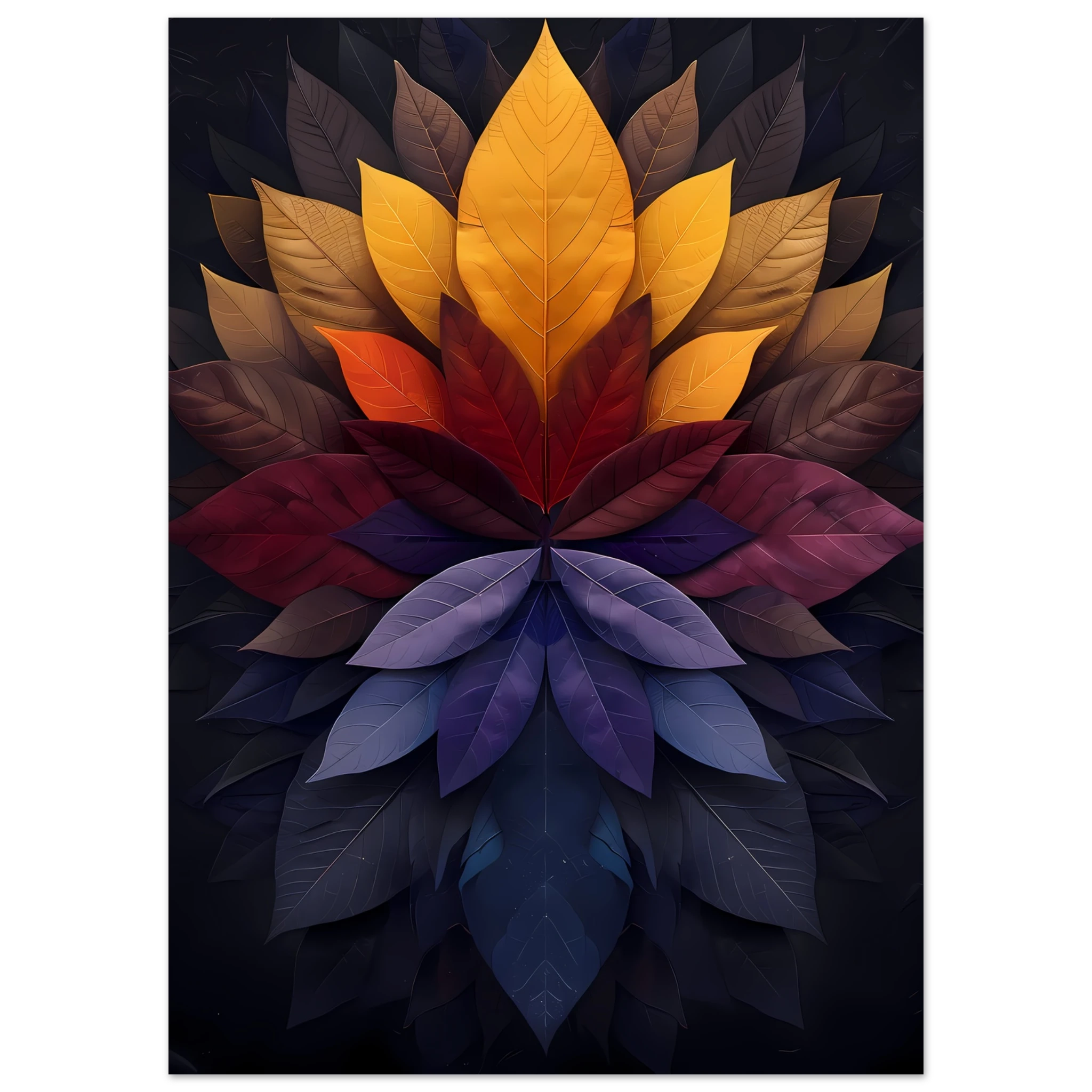 Mandala pattern made of overlapping leaves — glowing sacred botanical wall art.