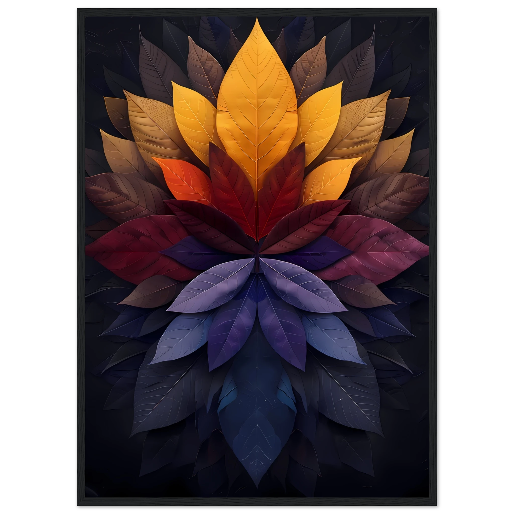 Mandala pattern made of overlapping leaves — glowing sacred botanical wall art.