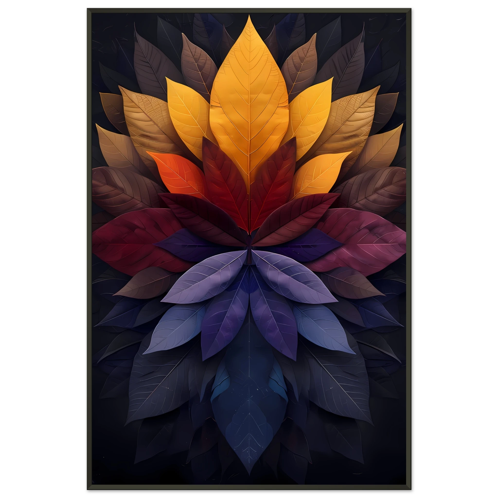 Mandala pattern made of overlapping leaves — glowing sacred botanical wall art.