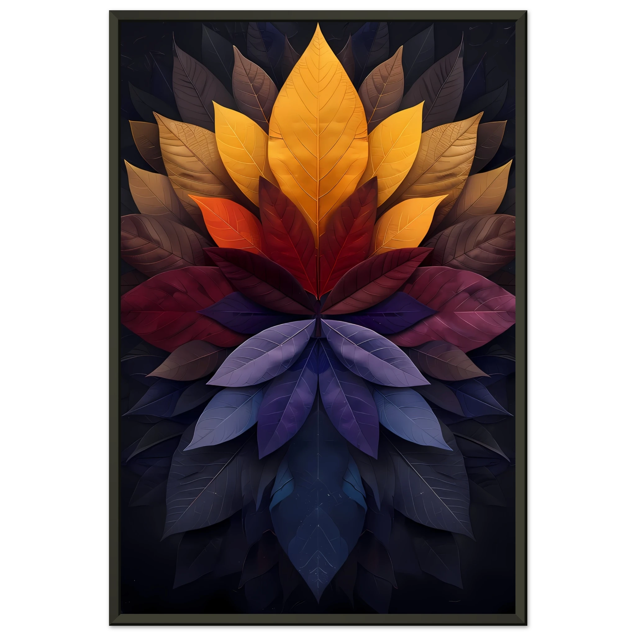 Mandala pattern made of overlapping leaves — glowing sacred botanical wall art.