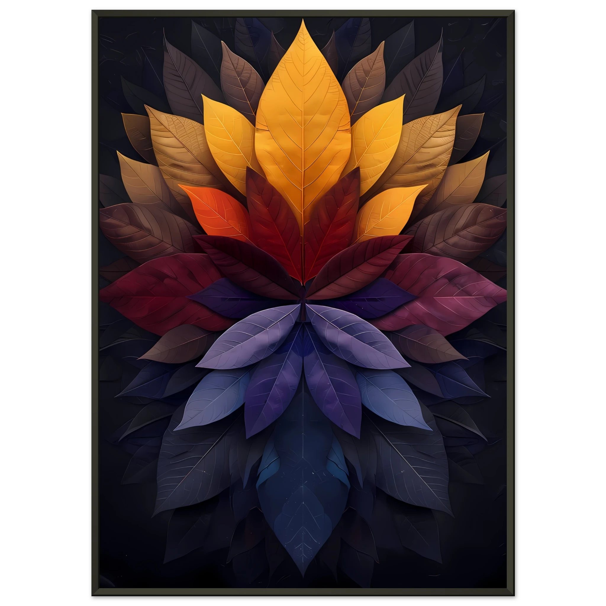 Mandala pattern made of overlapping leaves — glowing sacred botanical wall art.