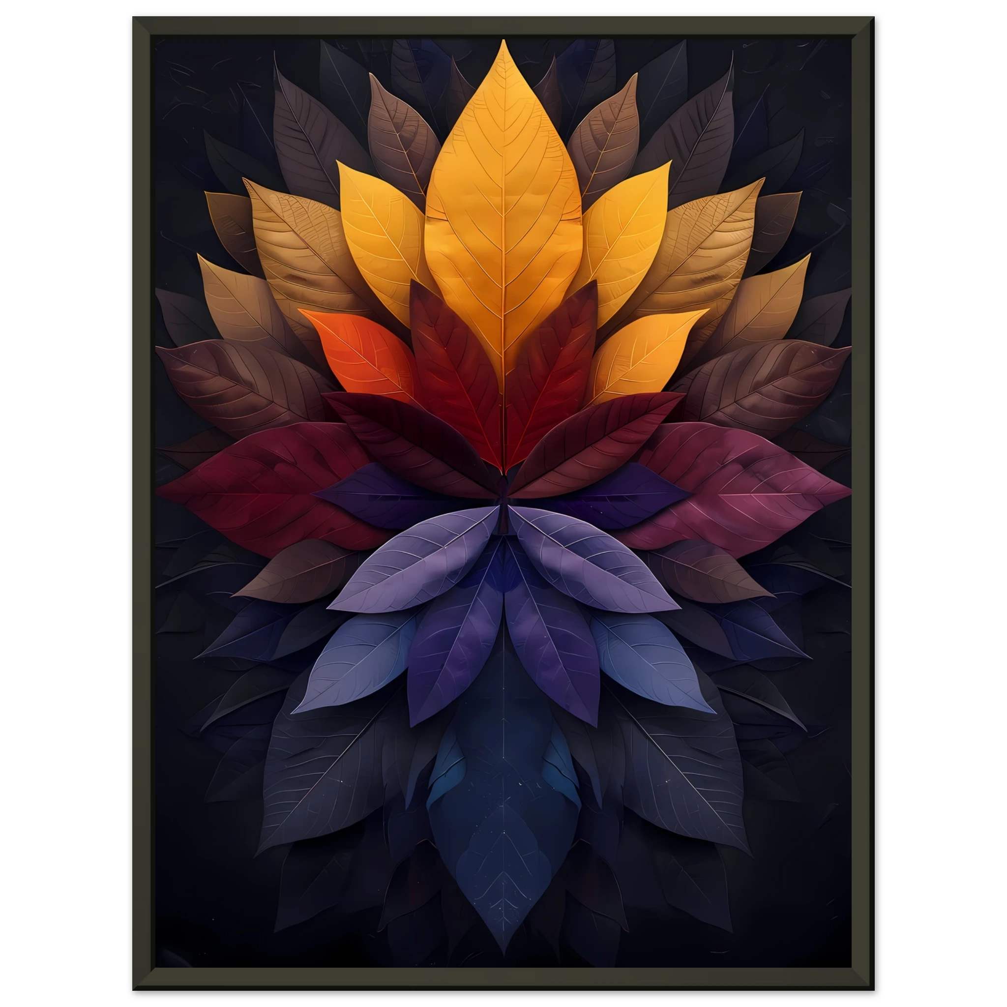 Mandala pattern made of overlapping leaves — glowing sacred botanical wall art.