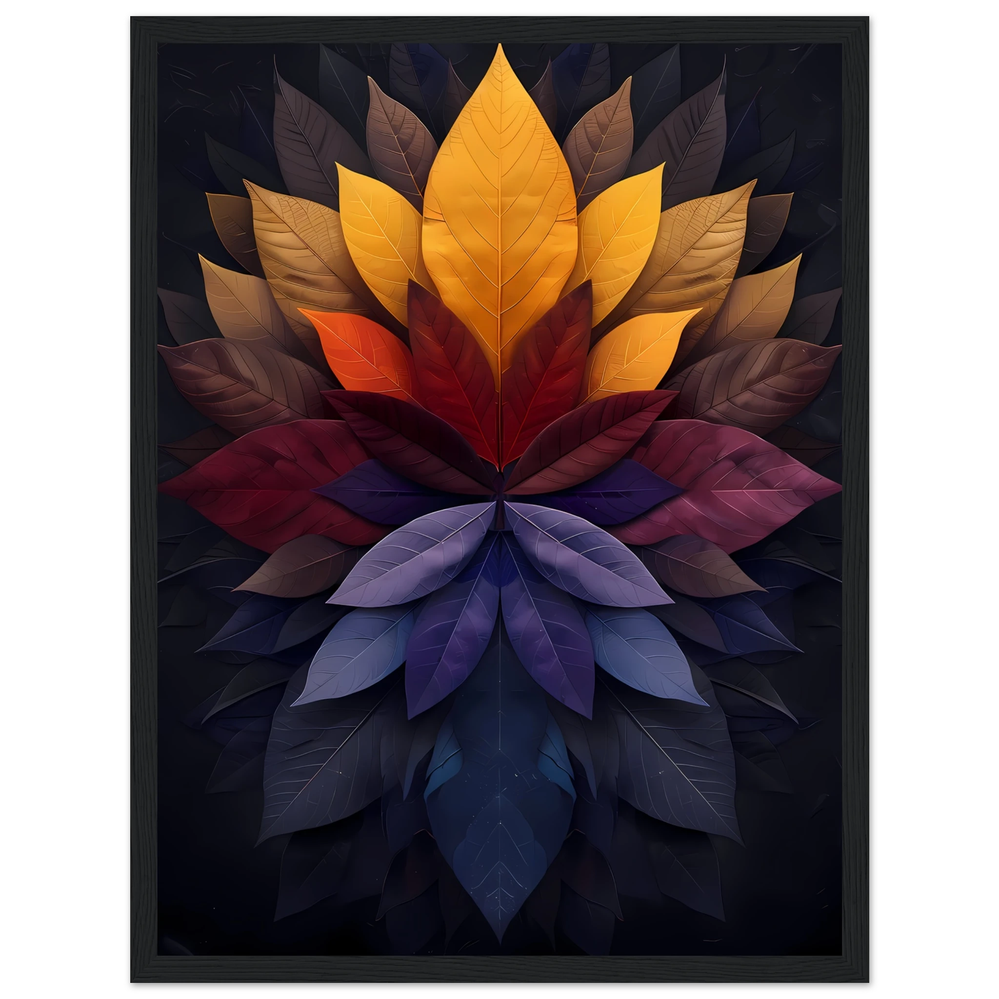 Mandala pattern made of overlapping leaves — glowing sacred botanical wall art.