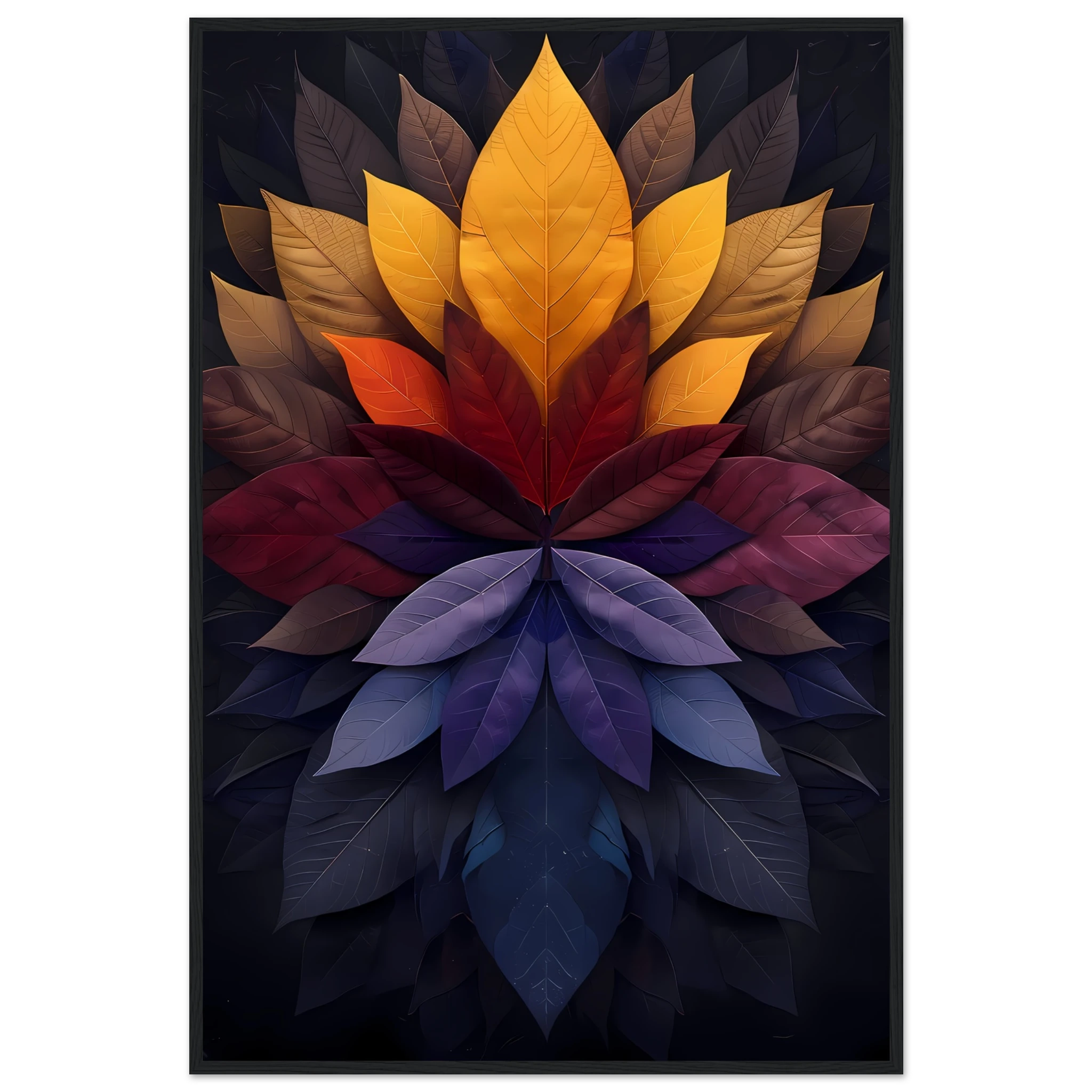 Mandala pattern made of overlapping leaves — glowing sacred botanical wall art.