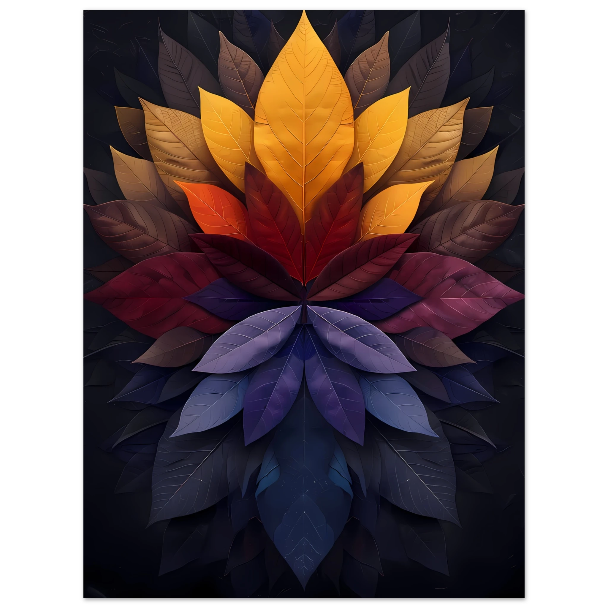 Mandala pattern made of overlapping leaves — glowing sacred botanical wall art.