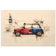 Red Mini Cooper with Union Jack roof sketched past Big Ben — London vintage car art print.