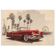 Red Cadillac Eldorado sketch beside Santa Monica Pier — retro Californian wall print.