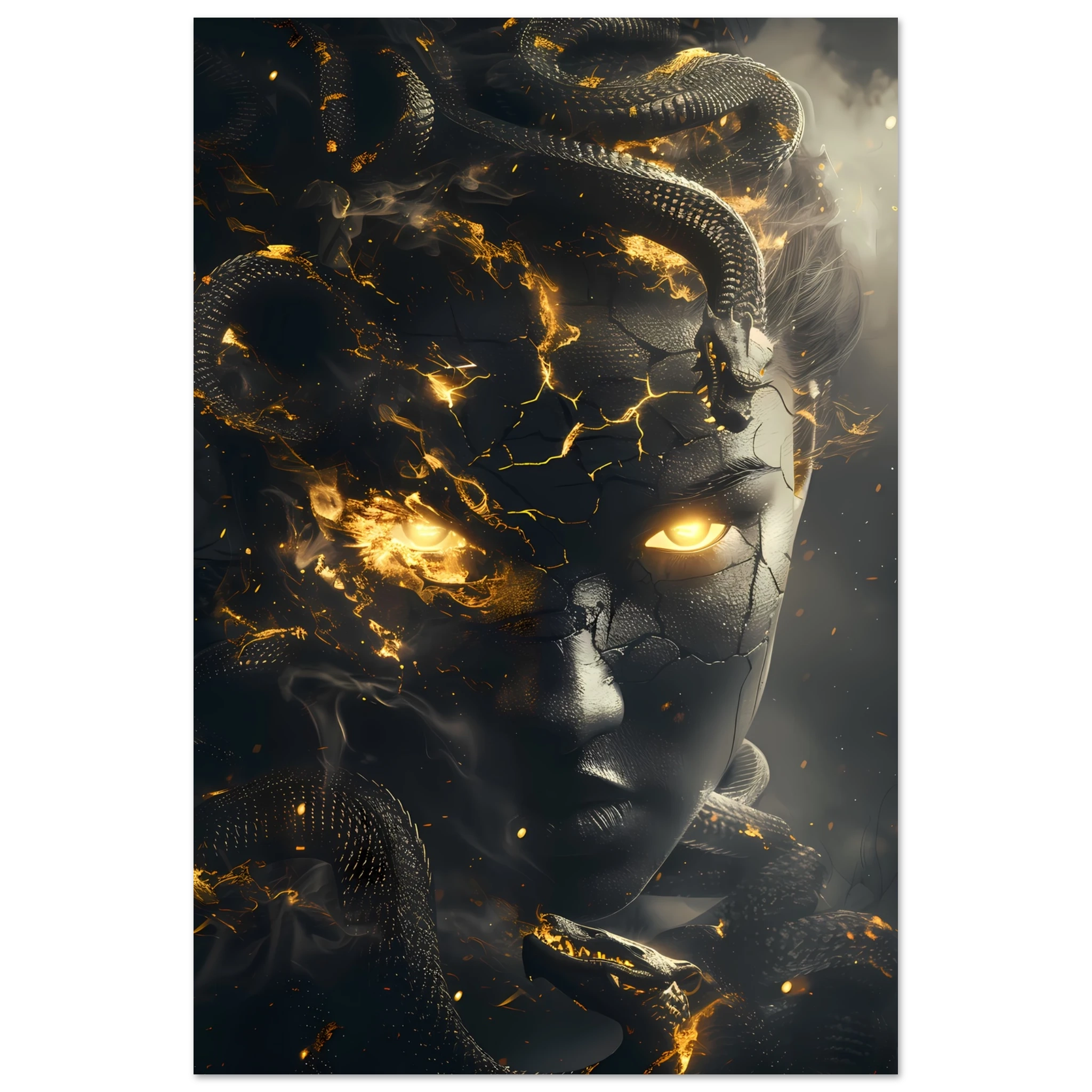 Medusa portrait with glowing snakes and golden eyes — dramatic Greek mythology art print.