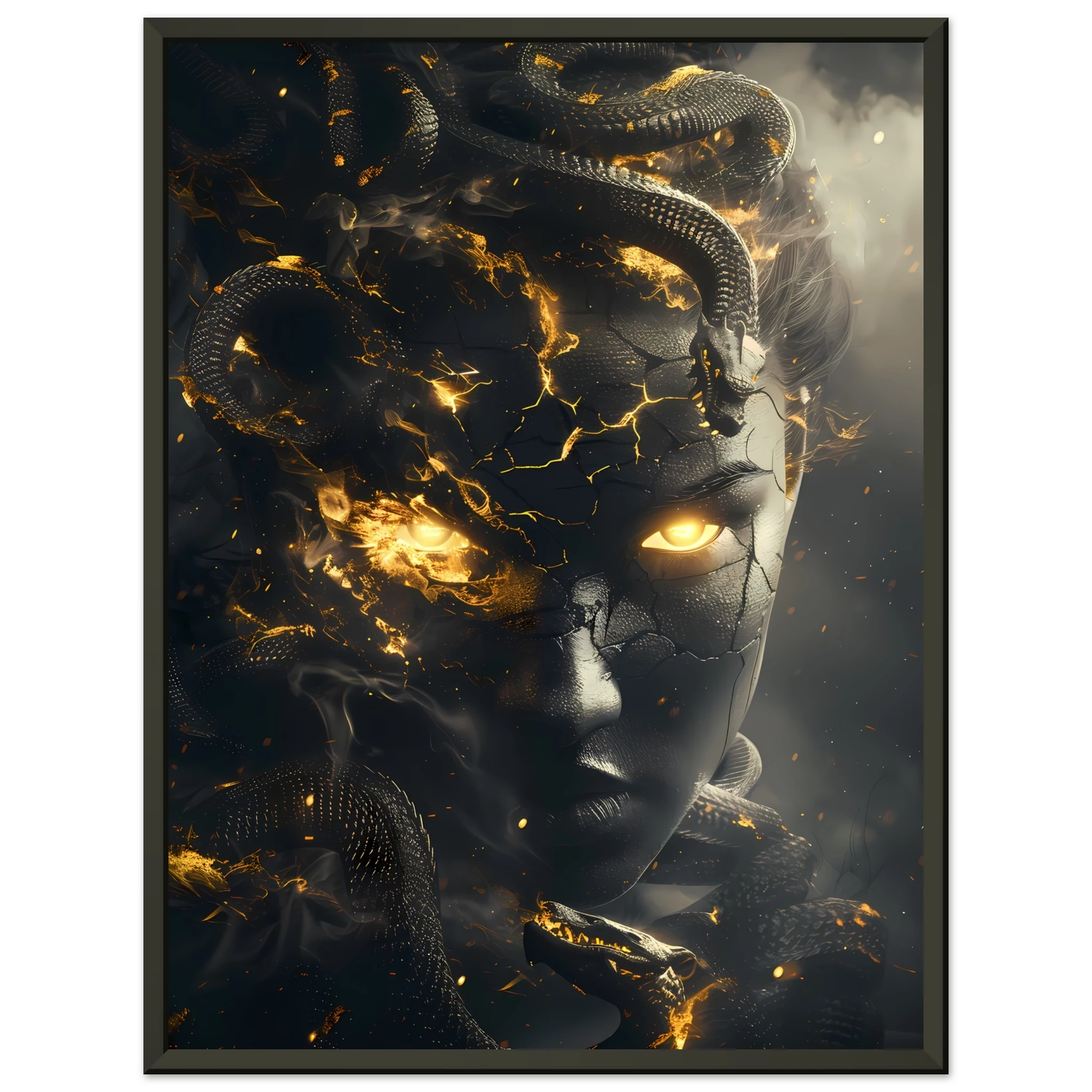 Medusa portrait with glowing snakes and golden eyes — dramatic Greek mythology art print.