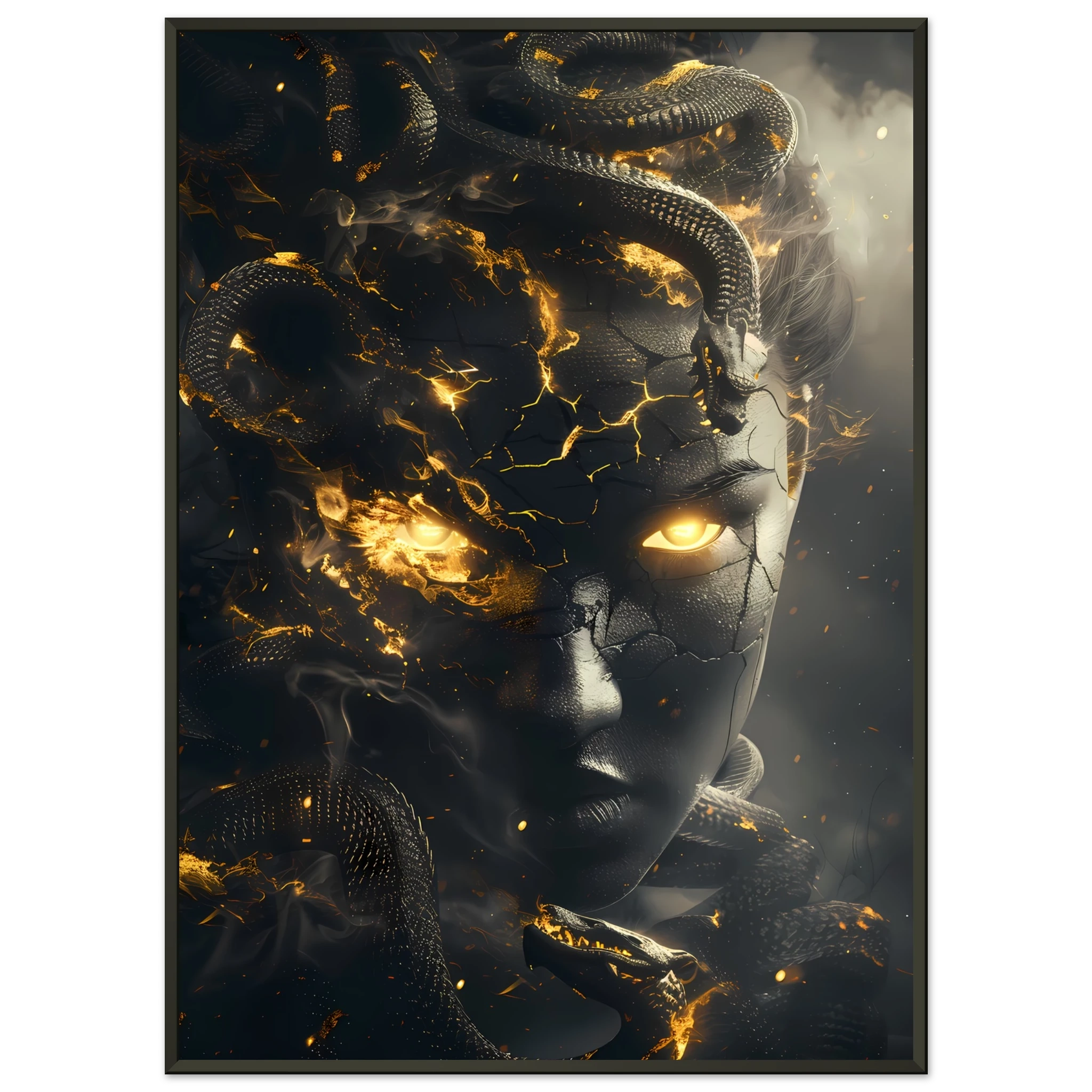 Medusa portrait with glowing snakes and golden eyes — dramatic Greek mythology art print.