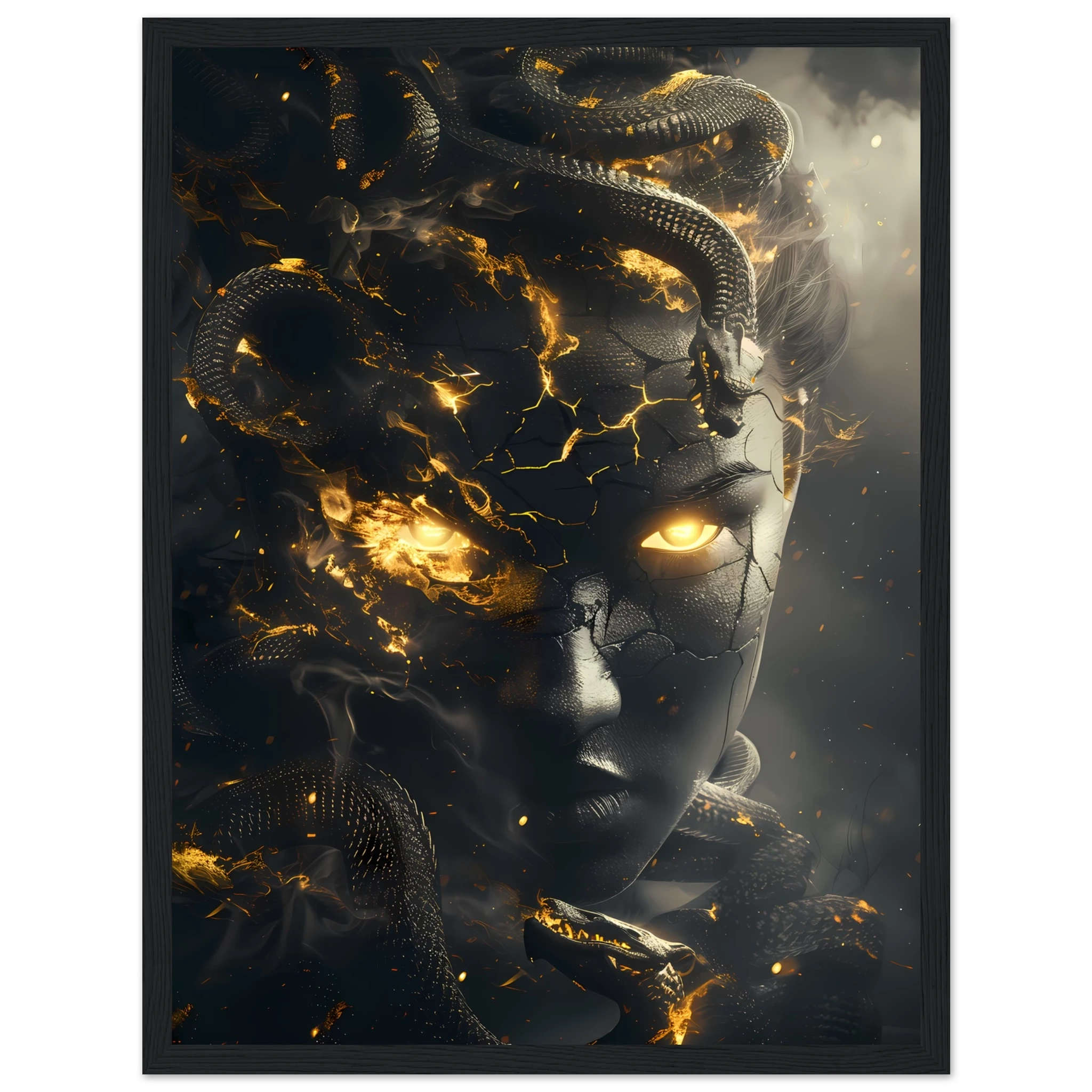 Medusa portrait with glowing snakes and golden eyes — dramatic Greek mythology art print.