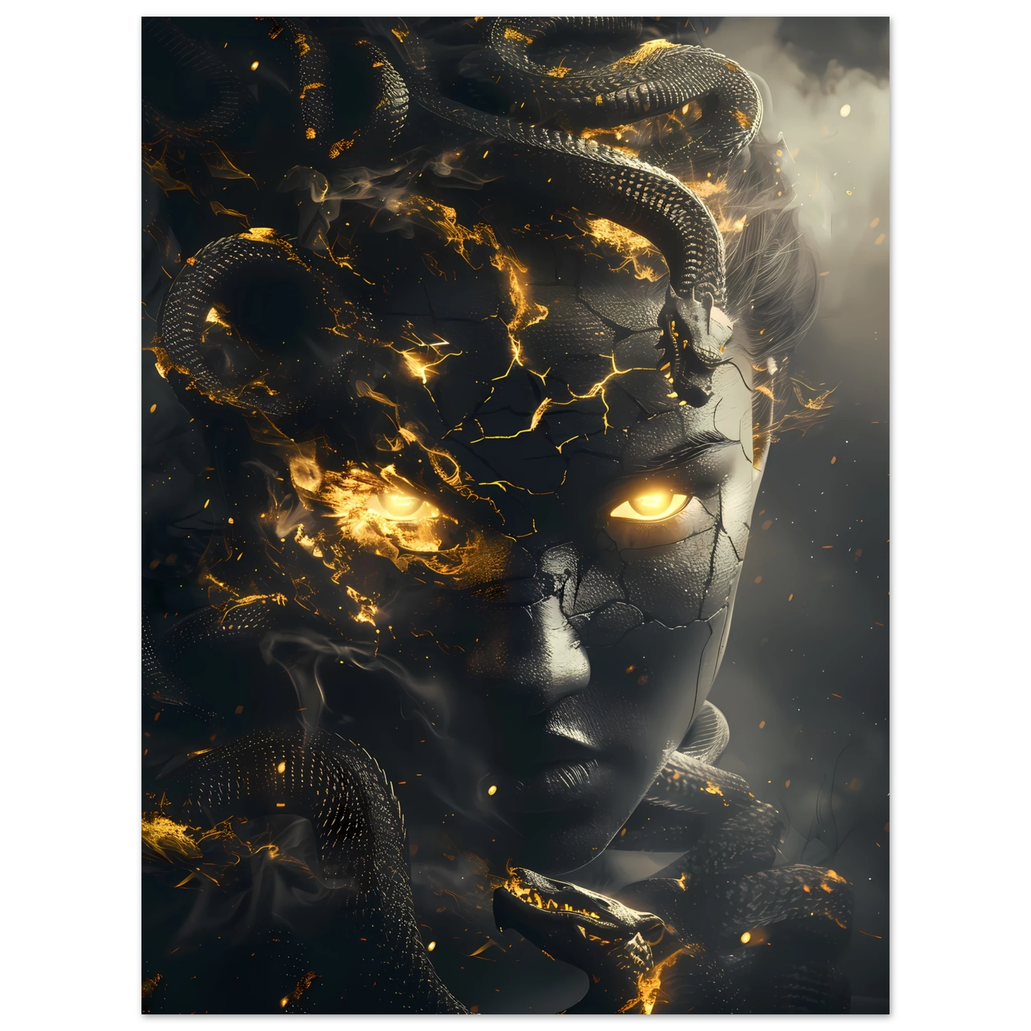 Medusa portrait with glowing snakes and golden eyes — dramatic Greek mythology art print.