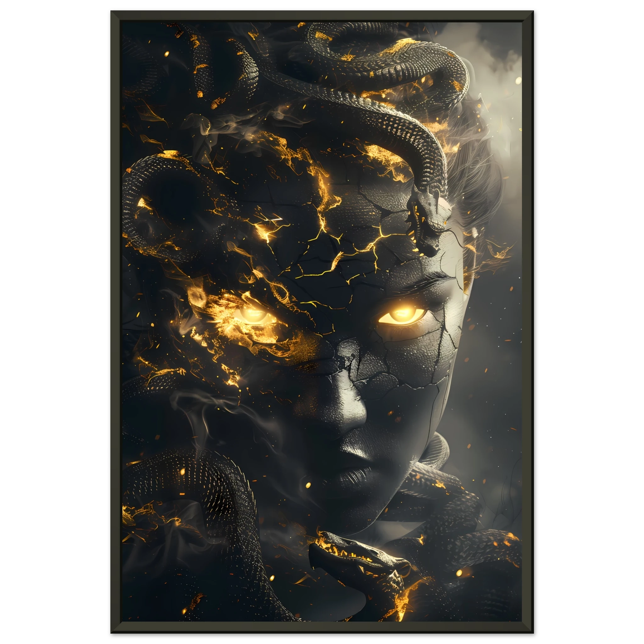 Medusa portrait with glowing snakes and golden eyes — dramatic Greek mythology art print.