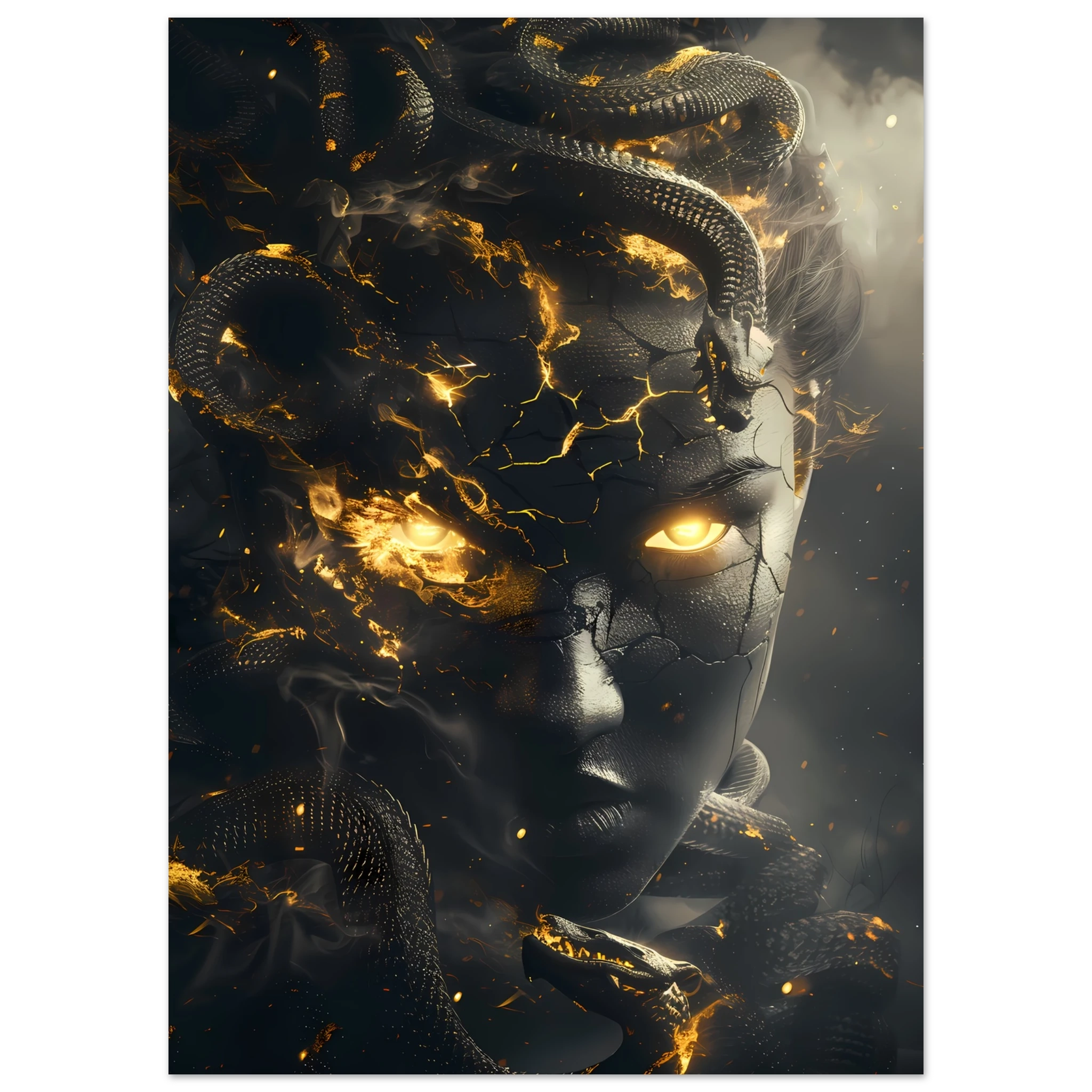 Medusa portrait with glowing snakes and golden eyes — dramatic Greek mythology art print.