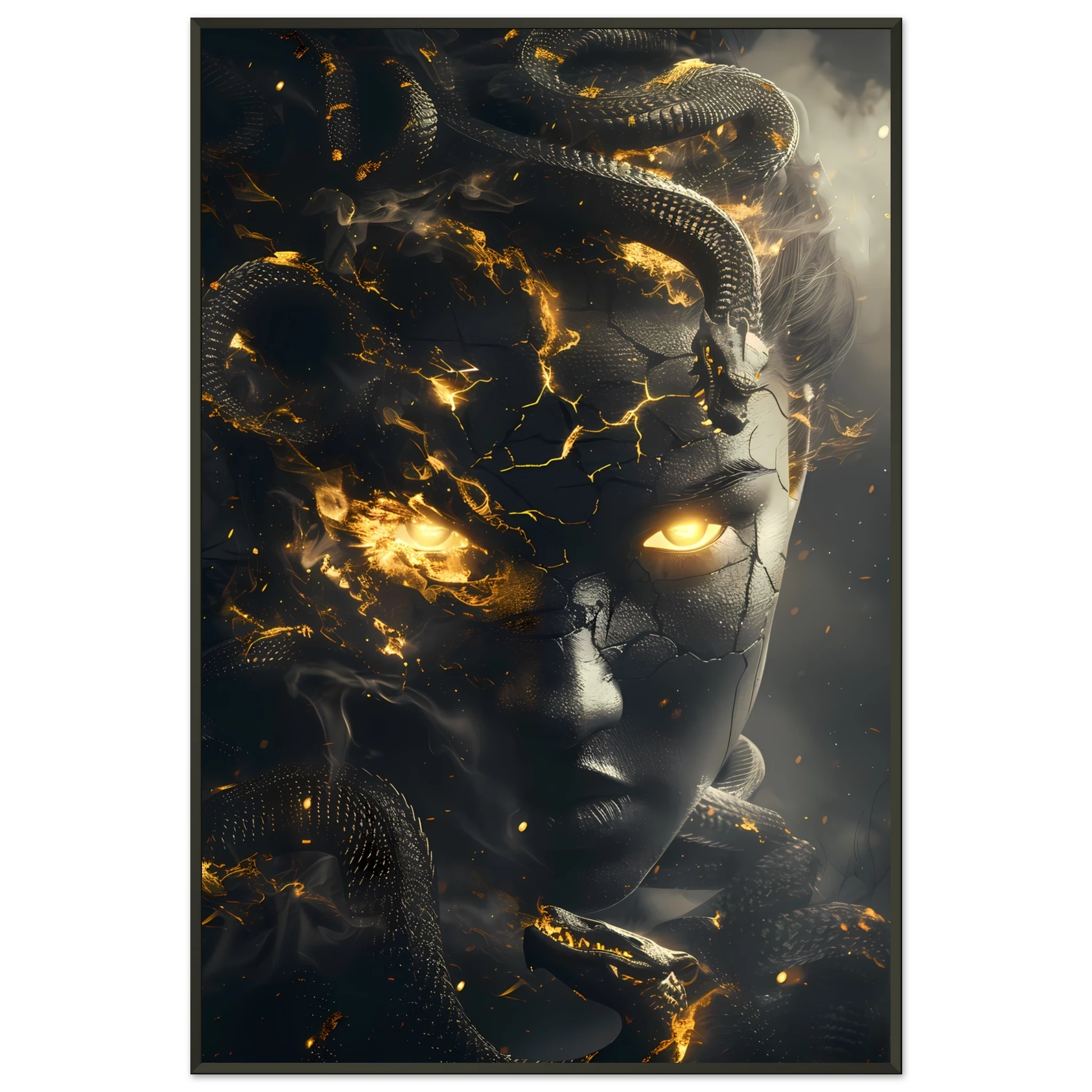 Medusa portrait with glowing snakes and golden eyes — dramatic Greek mythology art print.