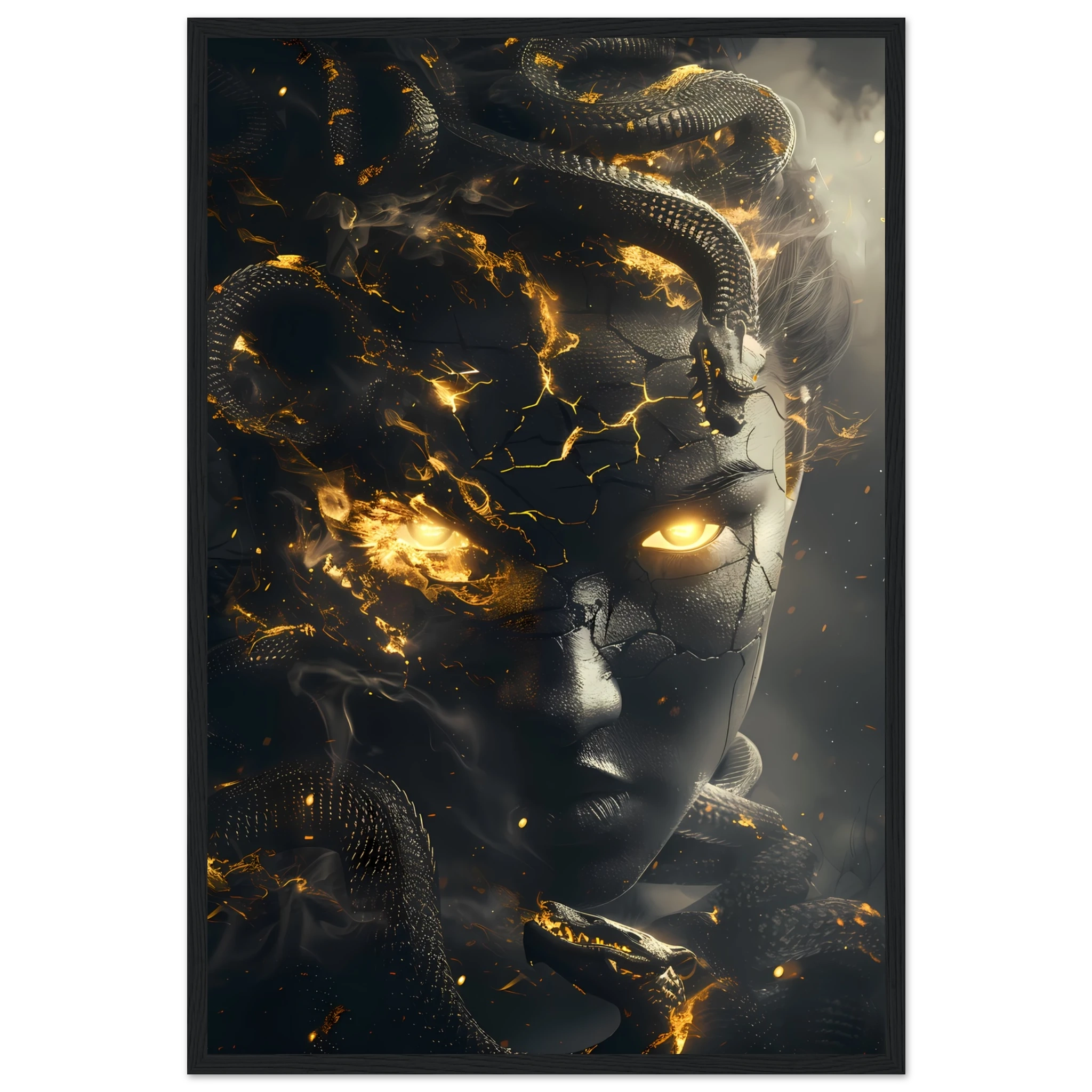 Medusa portrait with glowing snakes and golden eyes — dramatic Greek mythology art print.