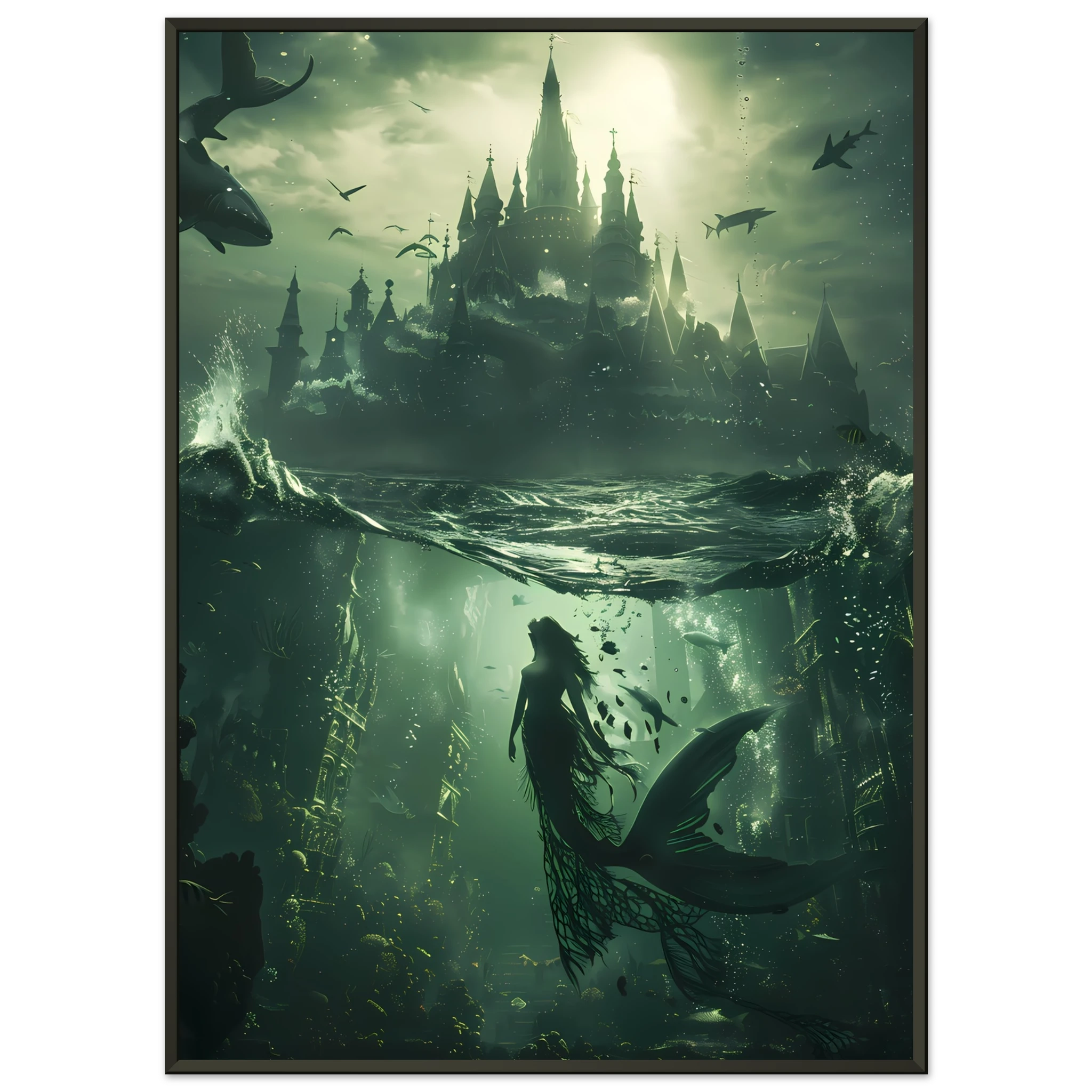 Mermaid queen in glowing coral palace underwater — fantasy ocean wall art print.