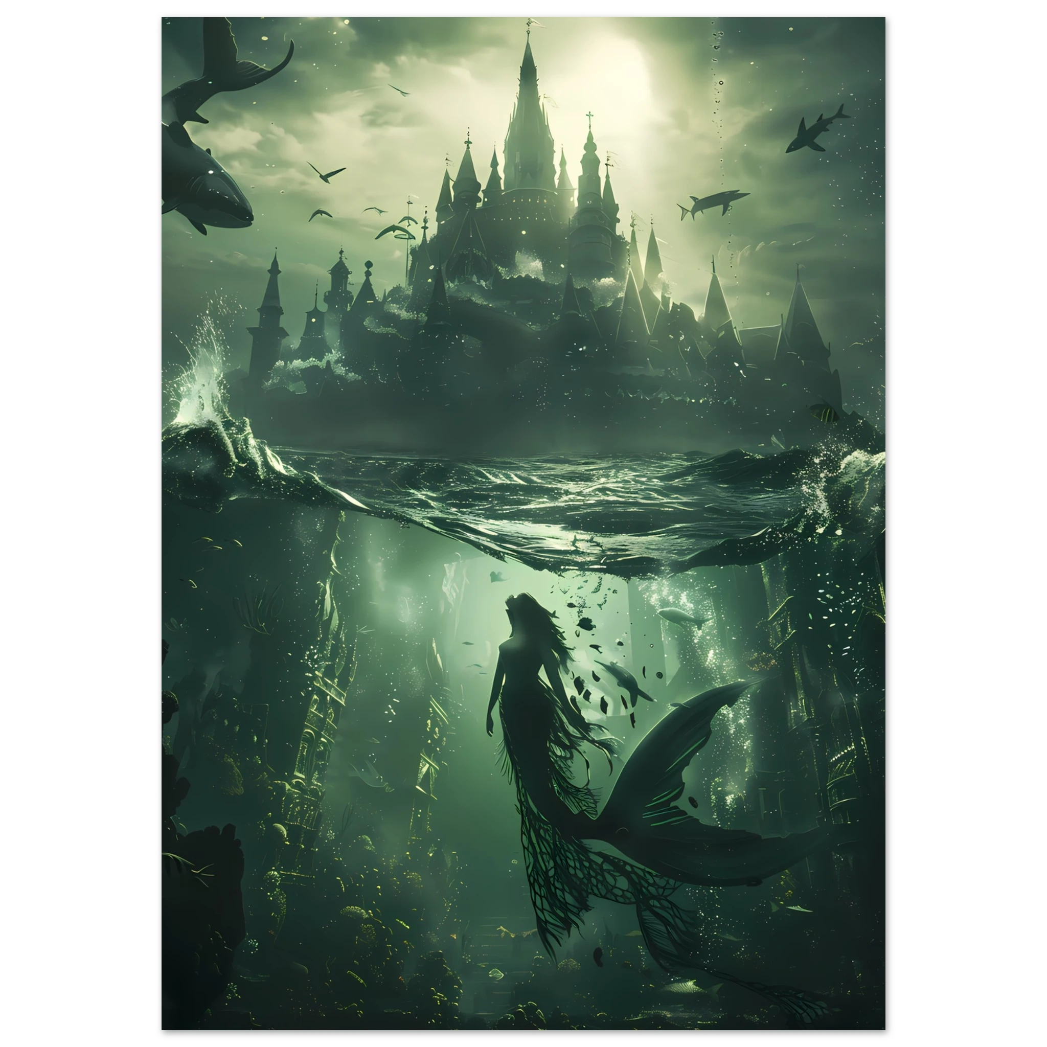 Mermaid queen in glowing coral palace underwater — fantasy ocean wall art print.