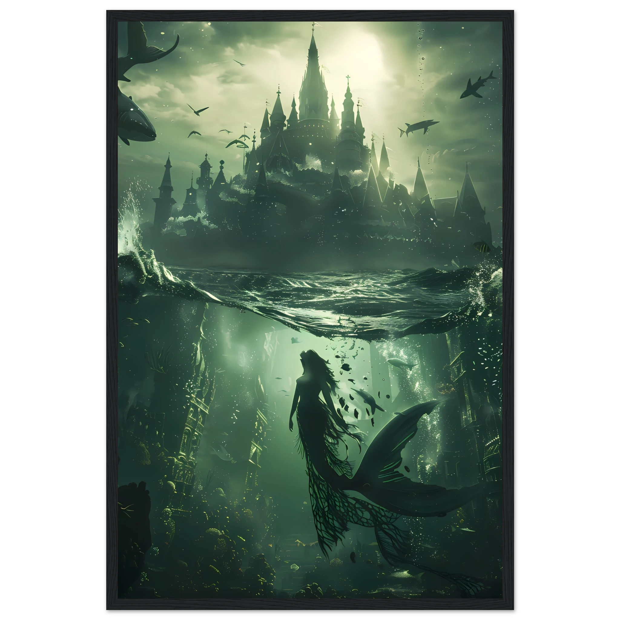 Mermaid queen in glowing coral palace underwater — fantasy ocean wall art print.