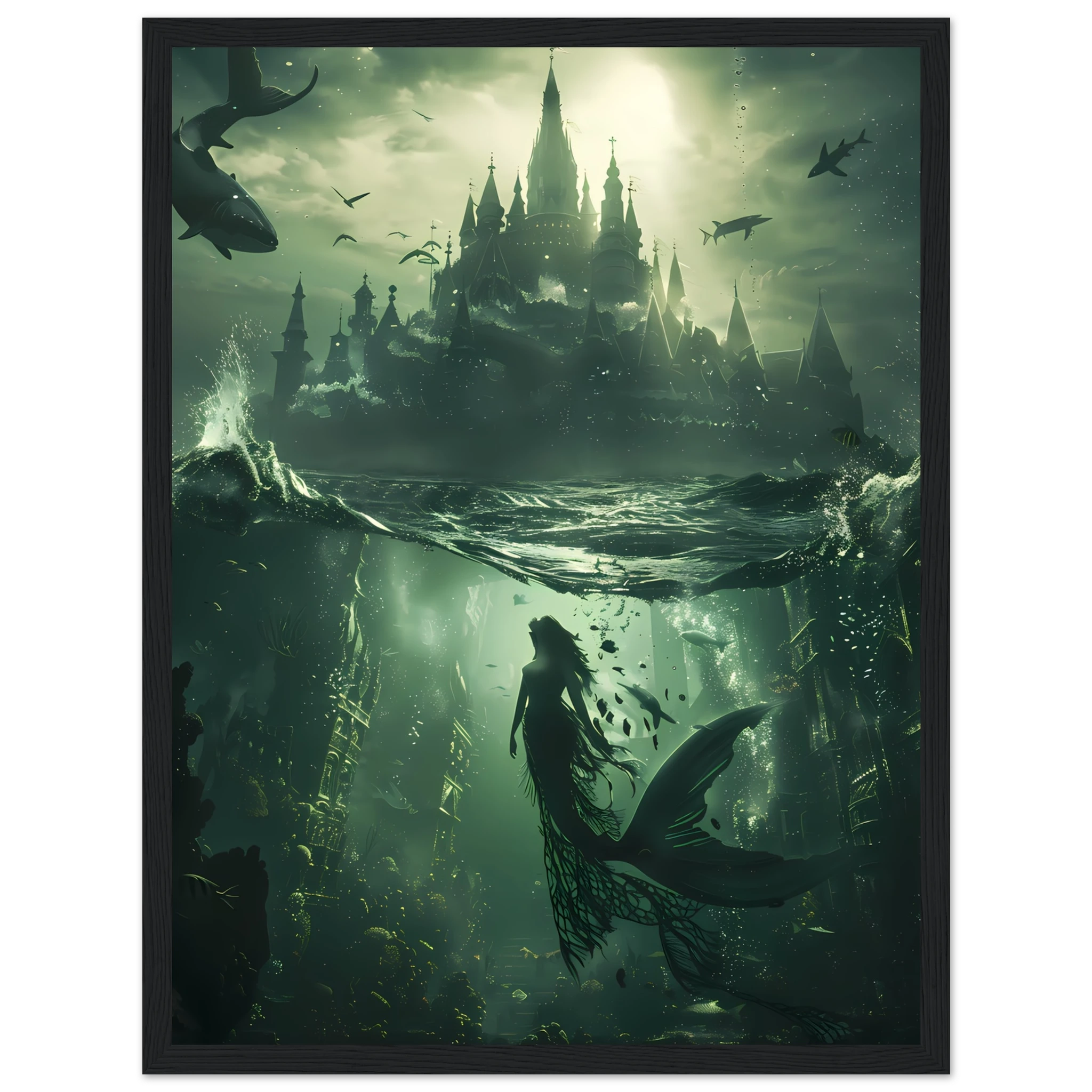 Mermaid queen in glowing coral palace underwater — fantasy ocean wall art print.