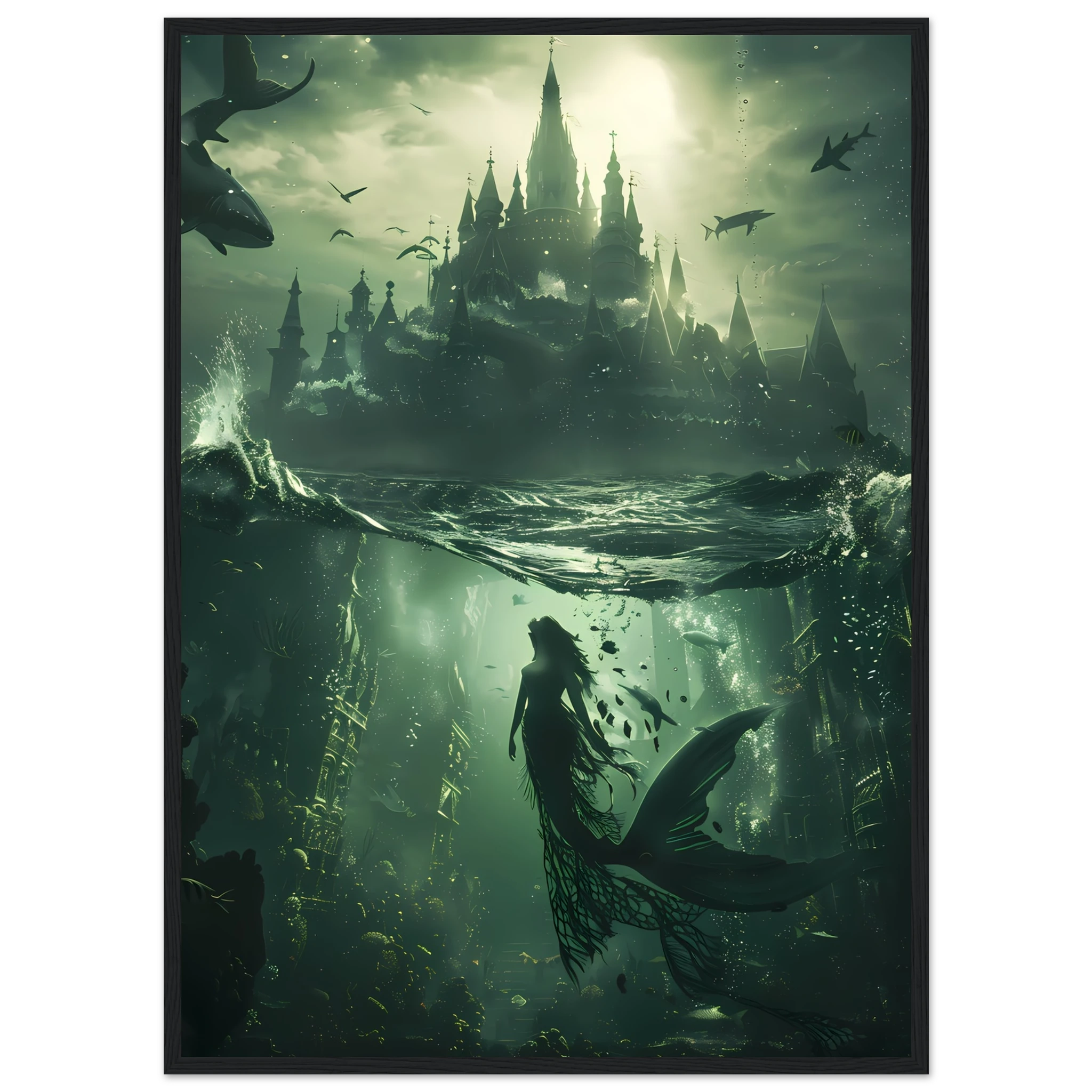 Mermaid queen in glowing coral palace underwater — fantasy ocean wall art print.