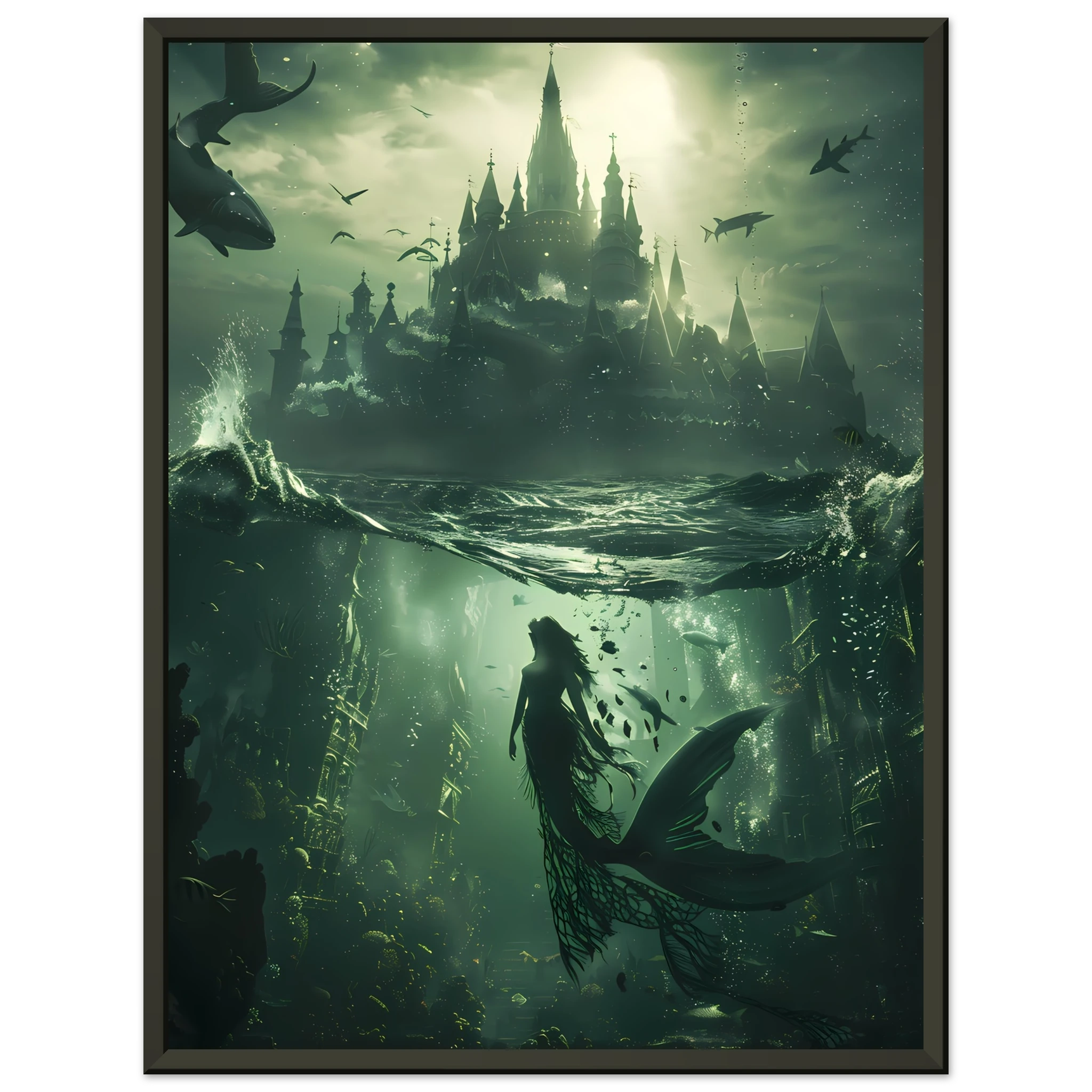 Mermaid queen in glowing coral palace underwater — fantasy ocean wall art print.