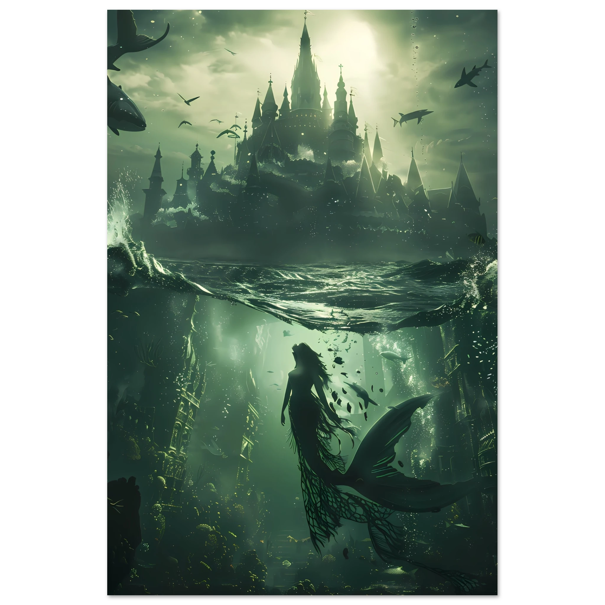 Mermaid queen in glowing coral palace underwater — fantasy ocean wall art print.