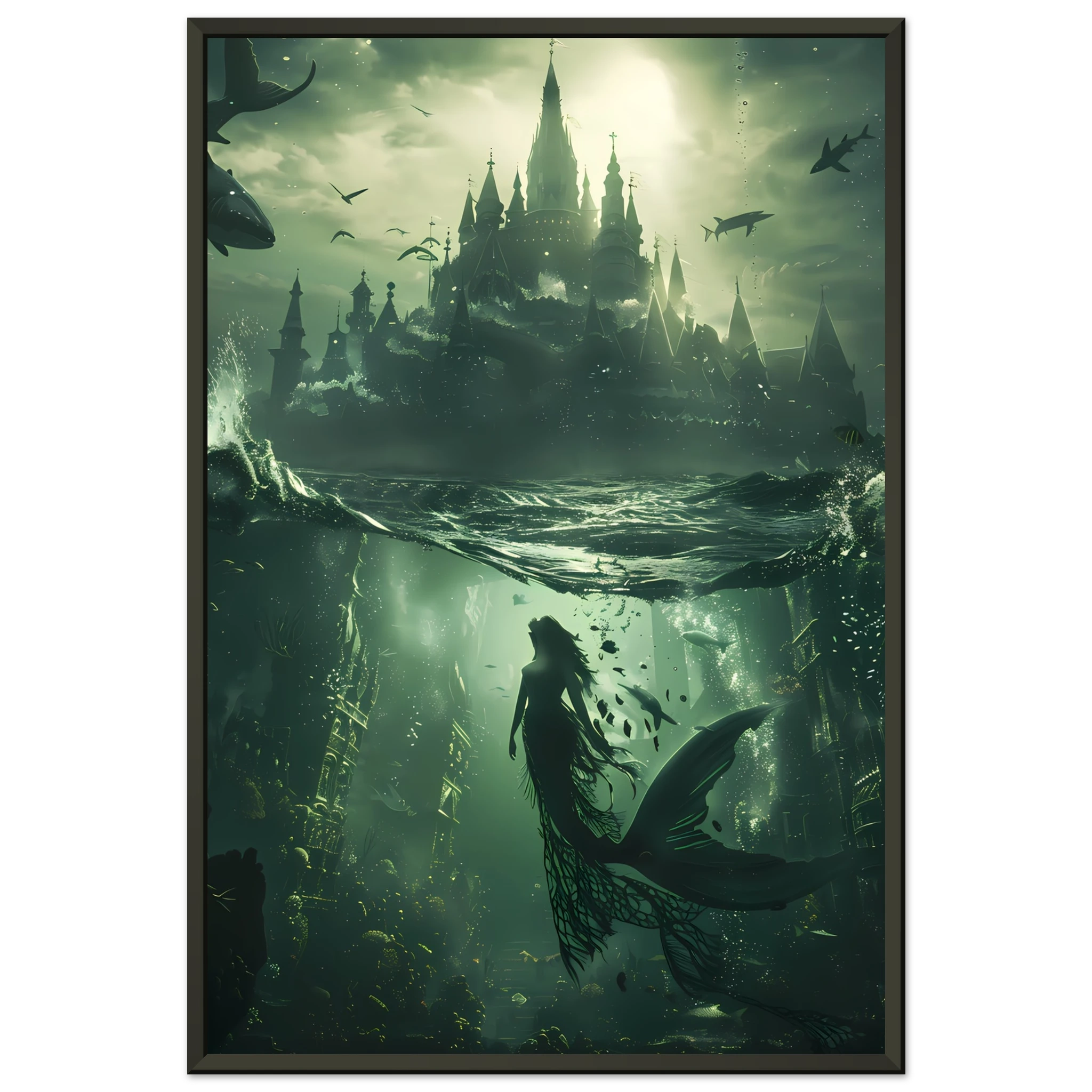 Mermaid queen in glowing coral palace underwater — fantasy ocean wall art print.