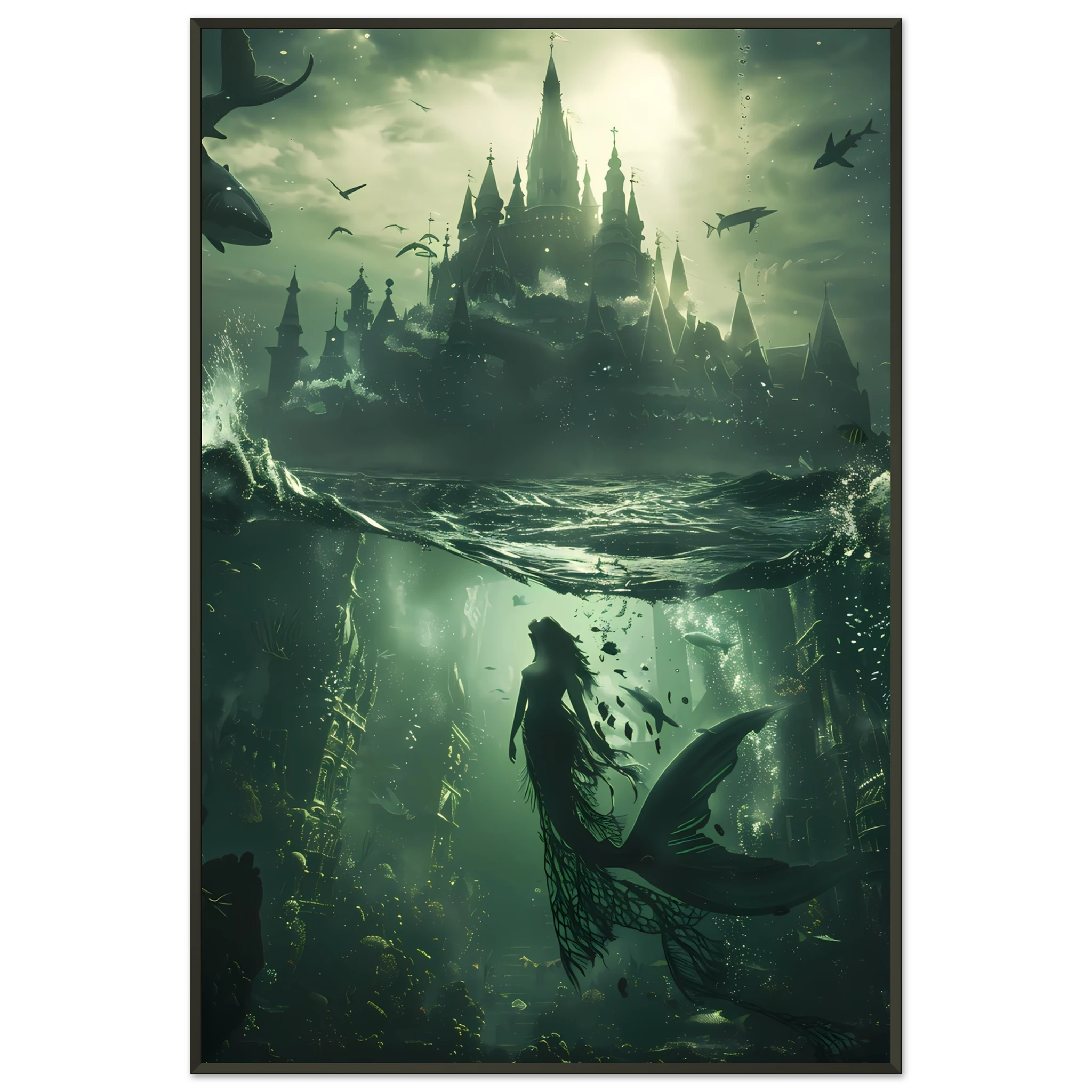 Mermaid queen in glowing coral palace underwater — fantasy ocean wall art print.