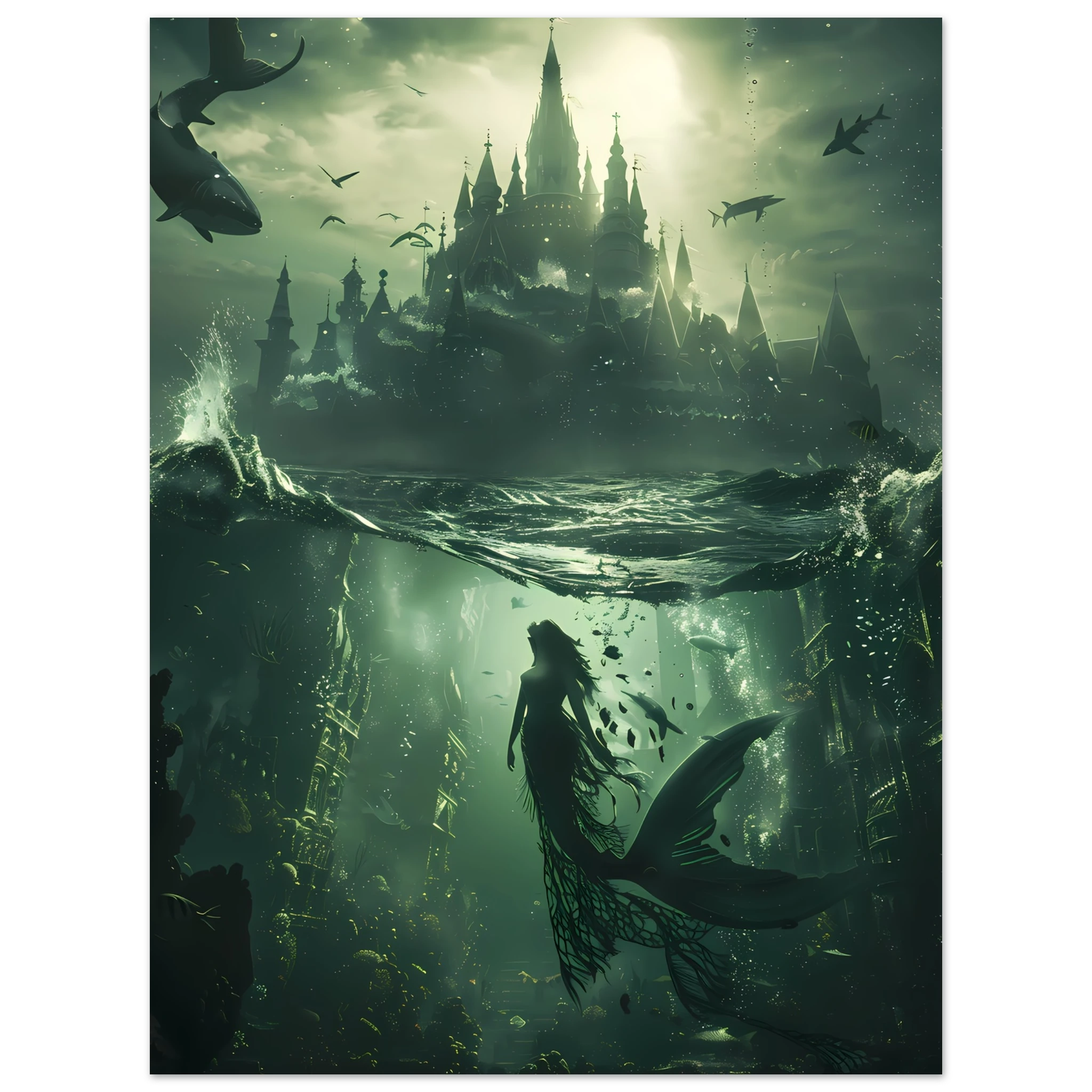 Mermaid queen in glowing coral palace underwater — fantasy ocean wall art print.